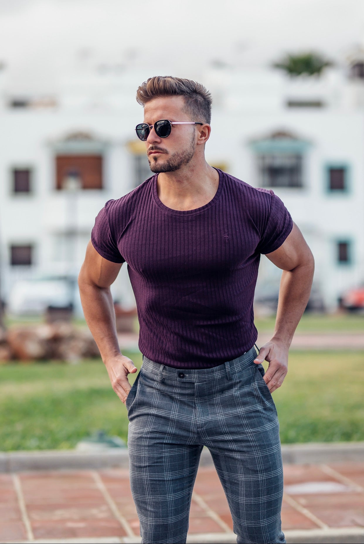 Classic Plum Ribbed Knit Super Slim Short Sleeve Crew - FSH616
