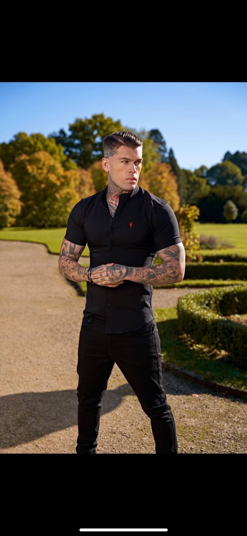 Father Sons Super Slim Scuba Black Short Sleeve Stretch With Grandad Collar - FS930