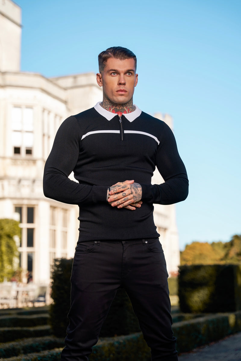 Father Sons Classic Black / White Horizontal Stripe Zipped Polo Long Sleeve - FSN047