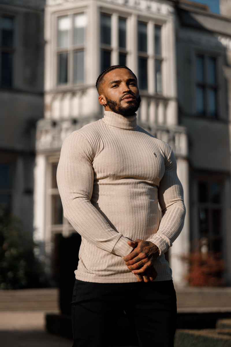 Father Sons Classic Beige / Black Ribbed Knit Roll Neck Sweater - FSH779