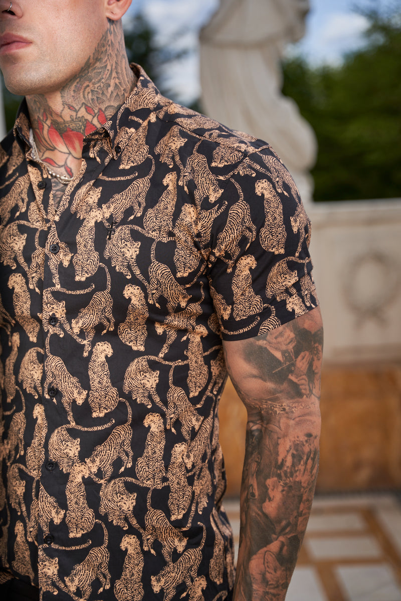 Father Sons Super Slim Stretch Black / Tan Cheetah Print Short Sleeve with Button Down Collar - FS789