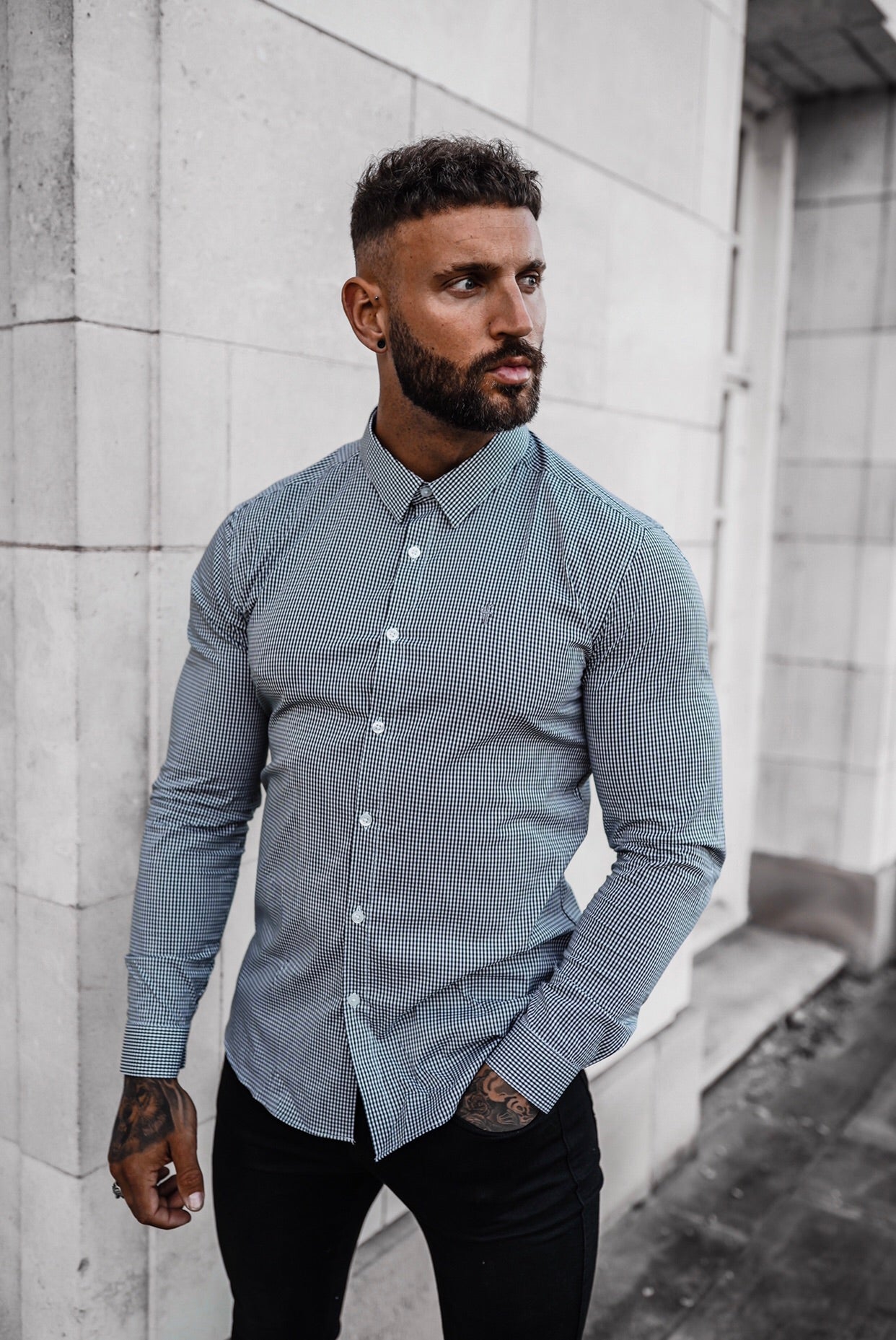 Super Slim Stretch Black Gingham (Grey Emblem) - FS577