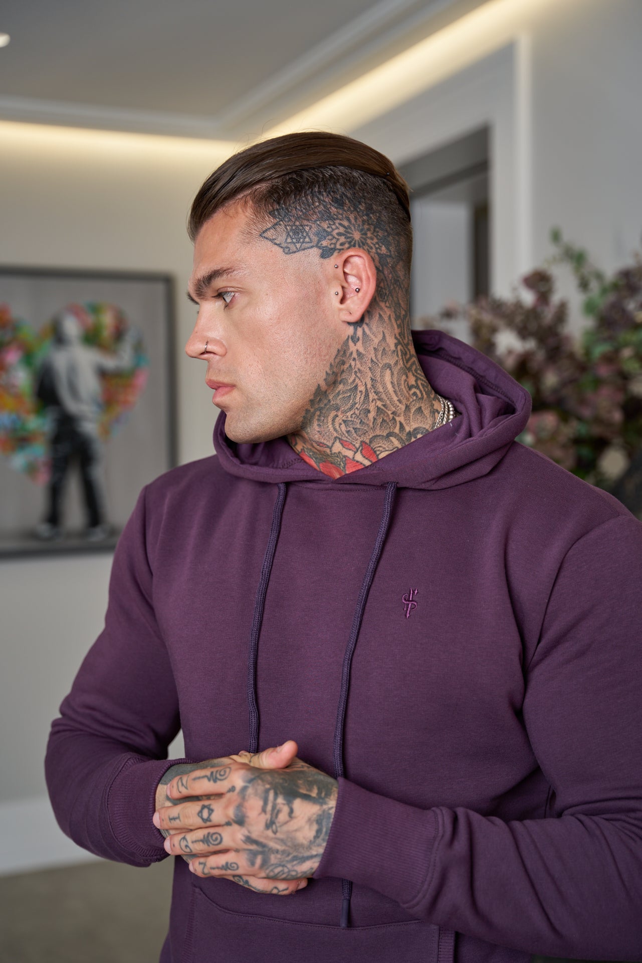 Beige Kangaroo Hoodie Top with FS Embroidery