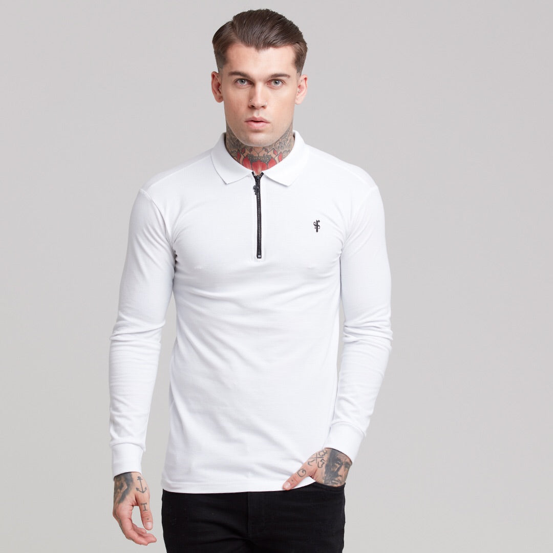 Classic White Zipped Long Sleeve Polo Shirt - FSH300