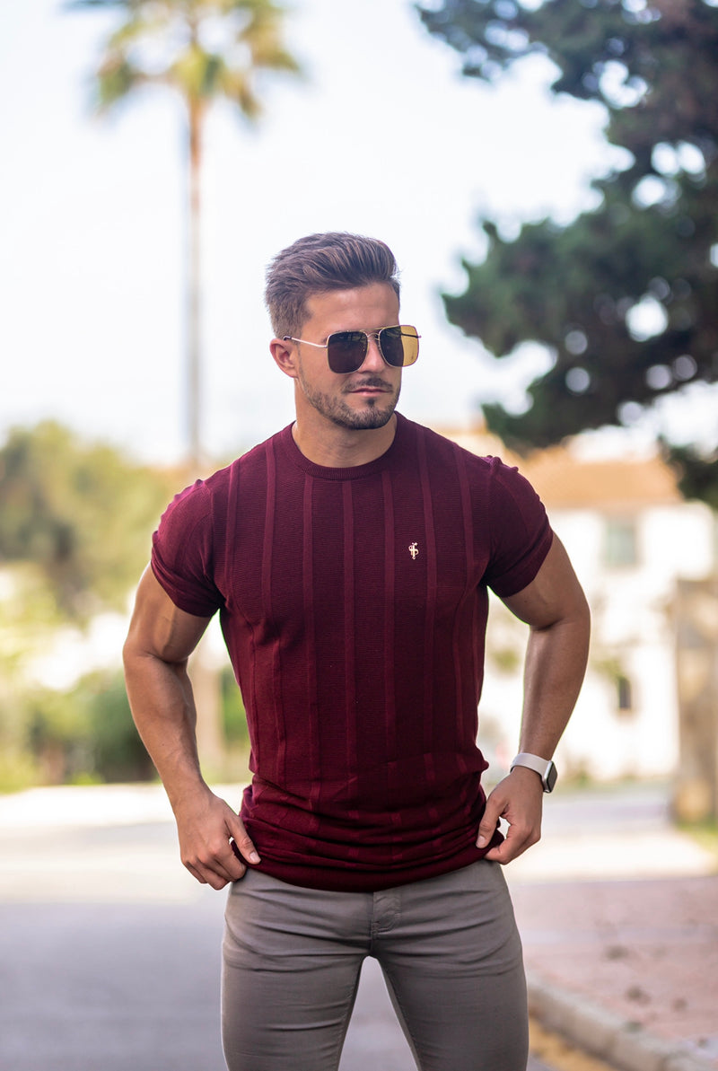 Father Sons Classic Short Sleeve Burgundy Knitted Wide Rib Crew with Gold Emblem - FSH563