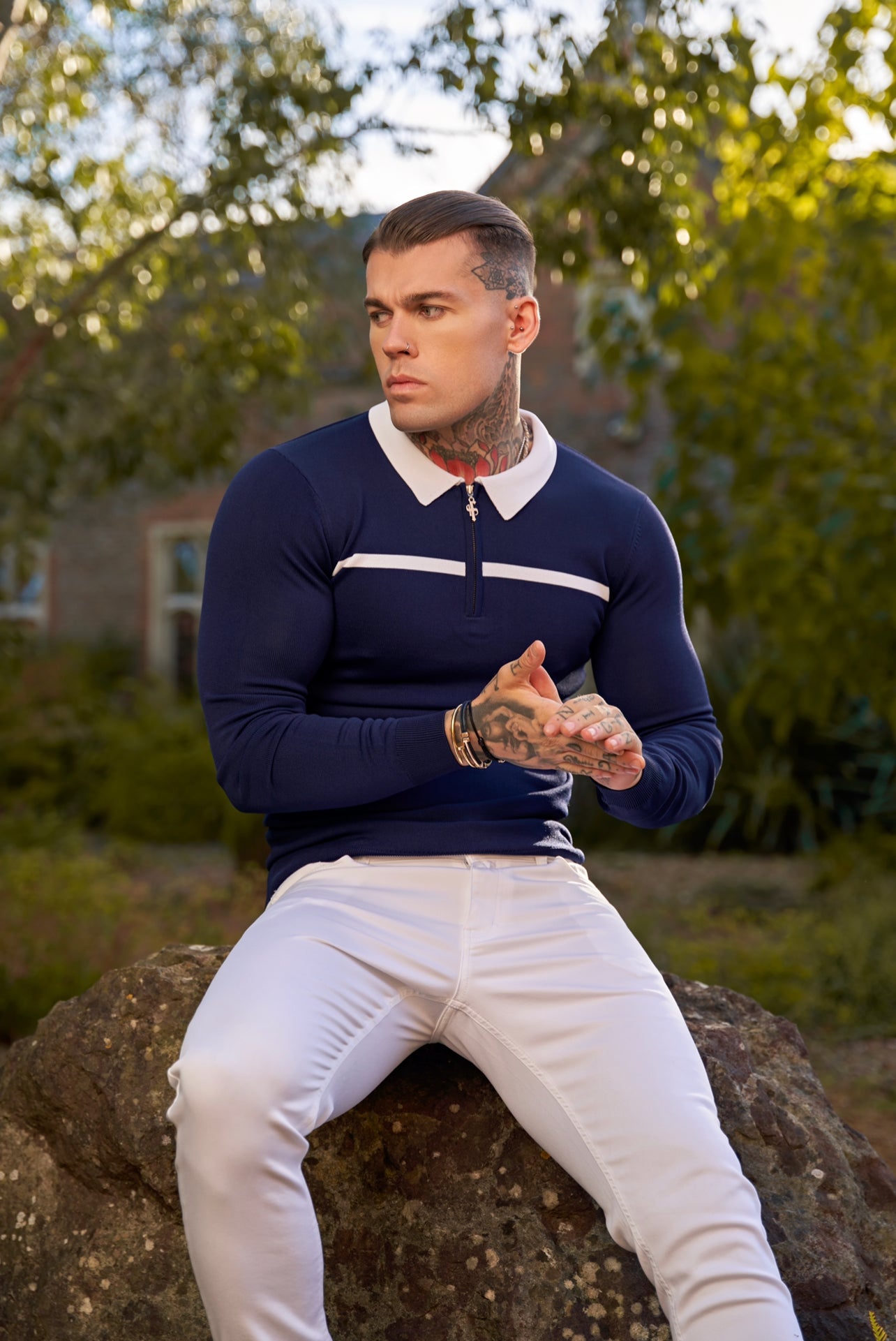 Classic Navy / White Horizontal Stripe Zipped Polo Long Sleeve - FSN048