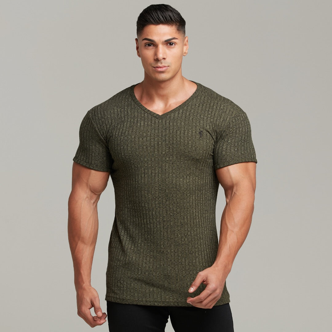 Classic Khaki V Neck Ribbed Crew - FSH390