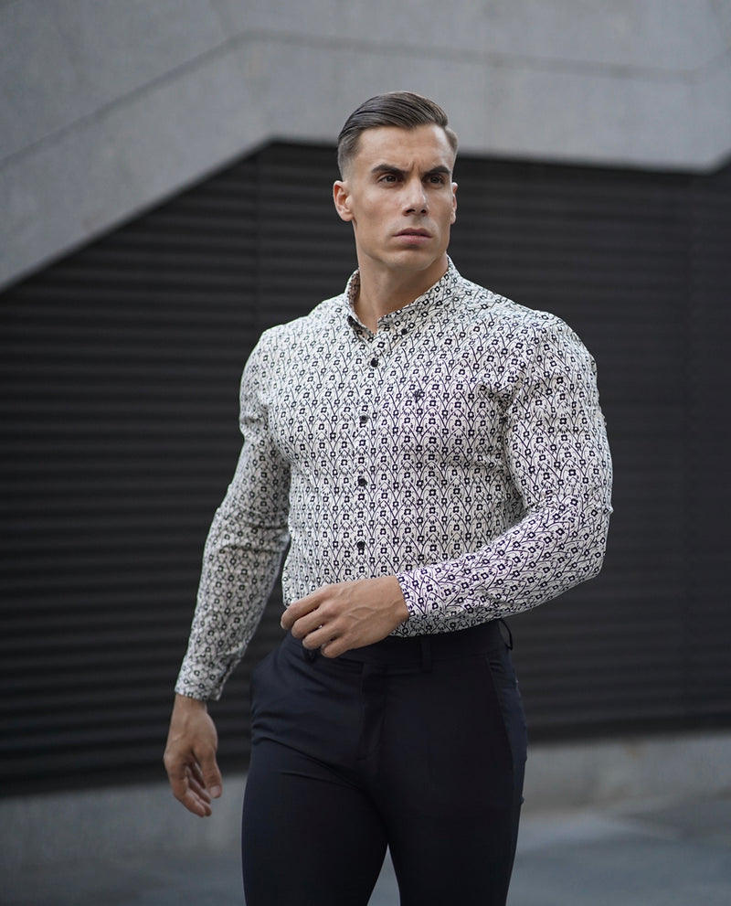 Father Sons Super Slim Stretch Ecru / Black Geo Flower Print Long Sleeve with Button Down Collar - FS794