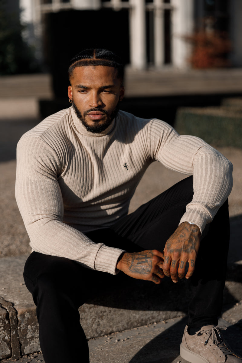 Father Sons Classic Beige / Black Ribbed Knit Roll Neck Sweater - FSH779