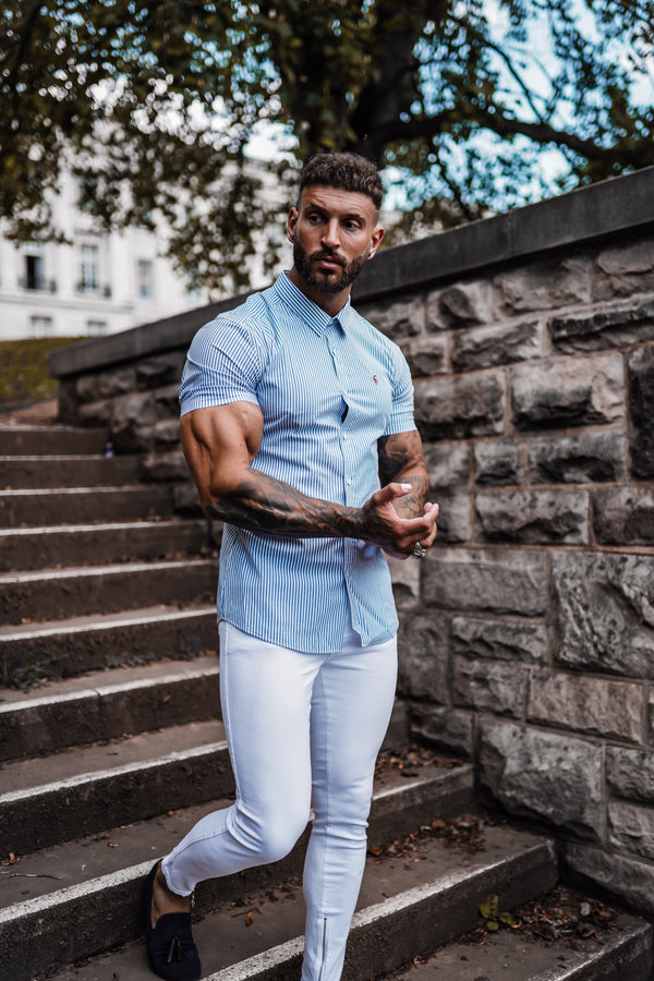 Father Sons Super Slim Stretch Navy & White Stripe Short Sleeve Regular  Stretch(Red Emblem) - FS573