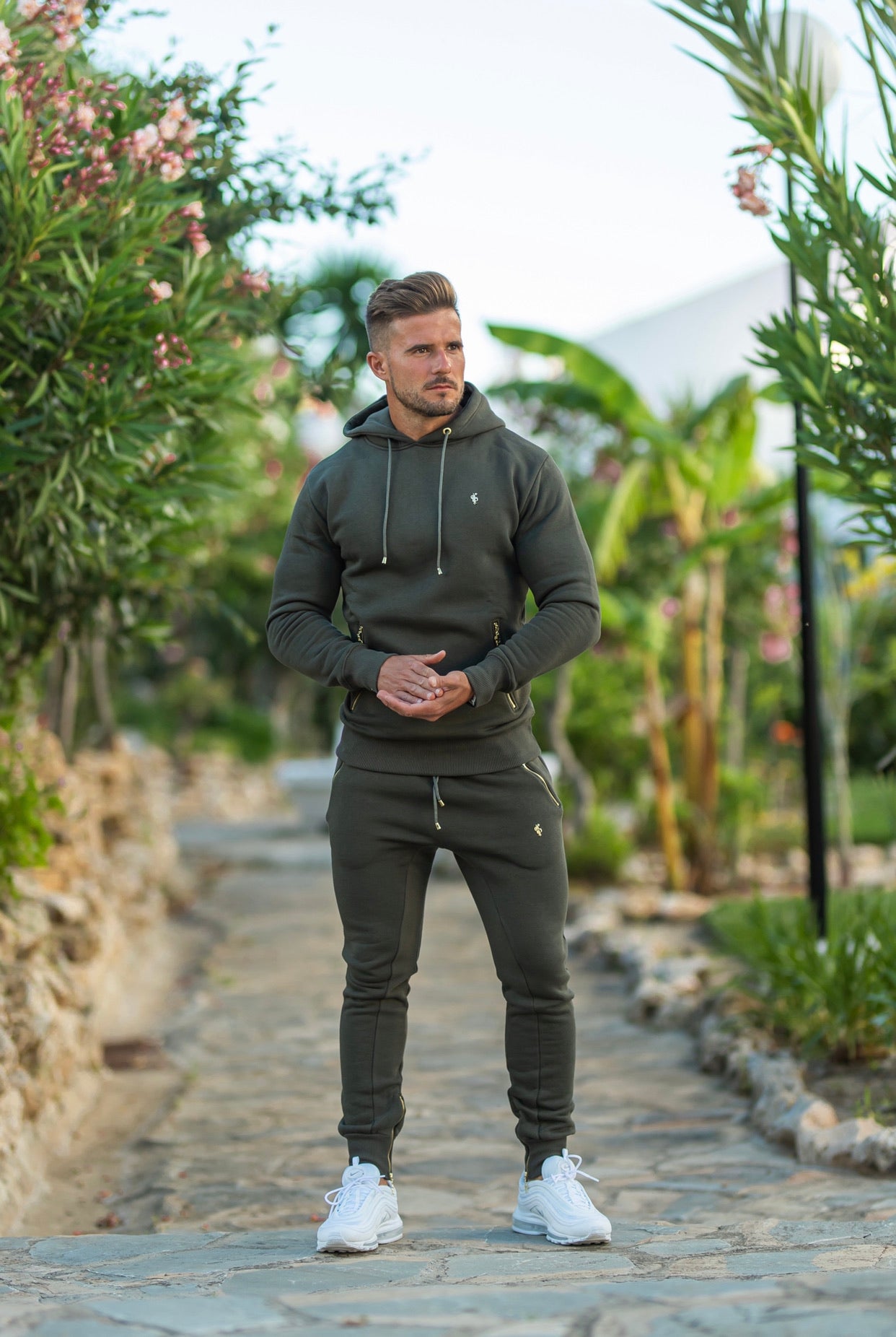 Khaki & Gold Overhead Hoodie Top with Zipped Pockets - FSH481