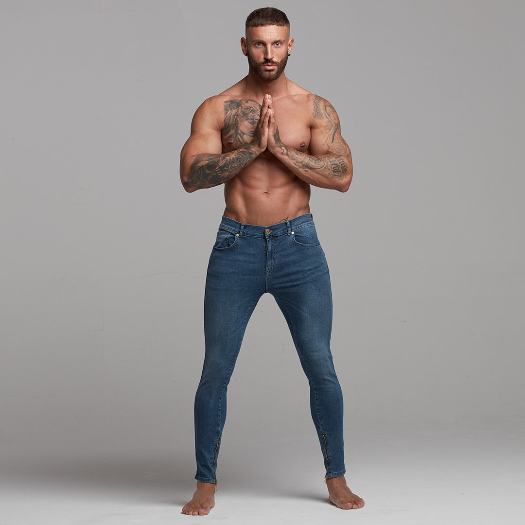 Zipped Ankle Plain Slim Stretch Blue Jeans - FSH181