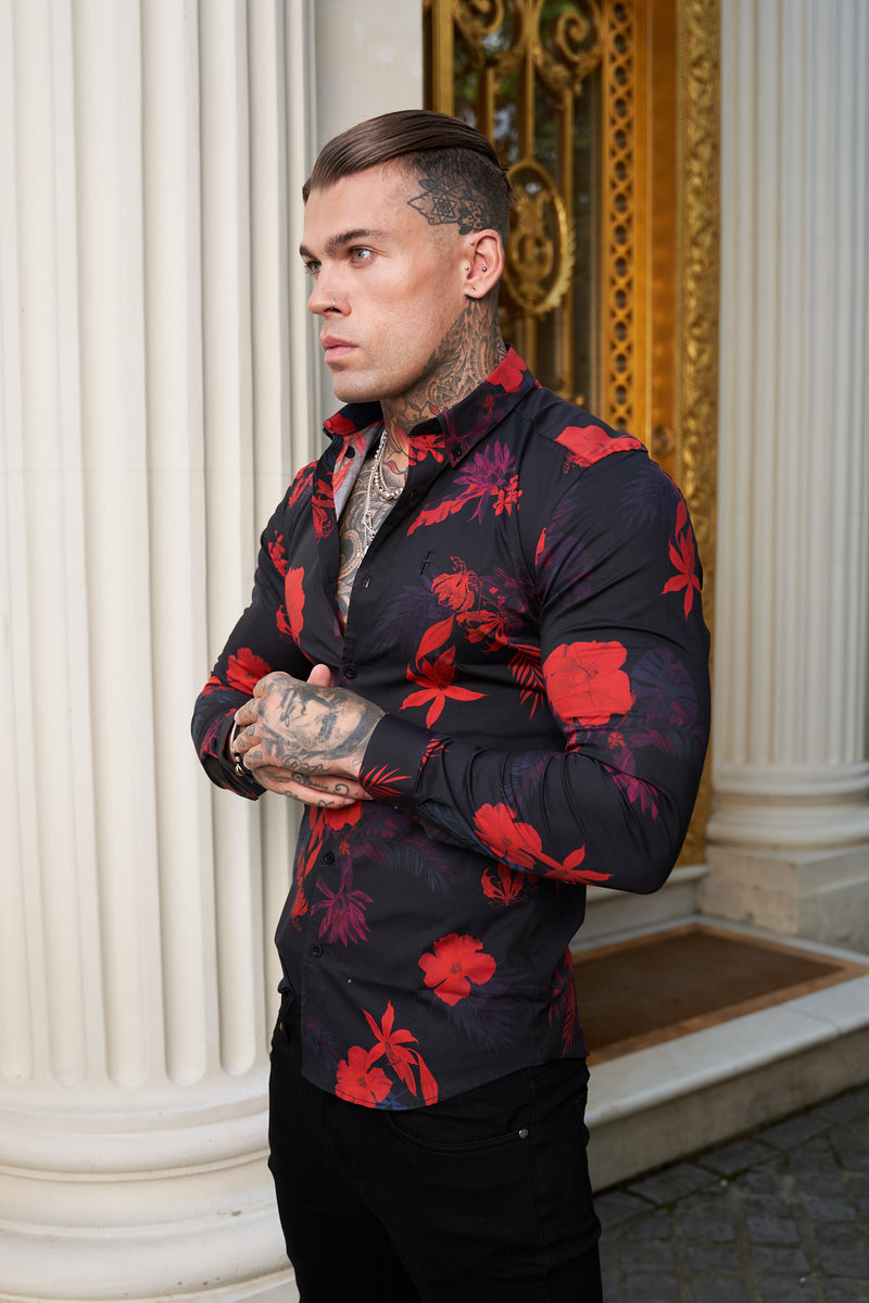 Father Sons Super Slim Stretch Black and Red Floral Print Long Sleeve with Button Down Collar - FS770