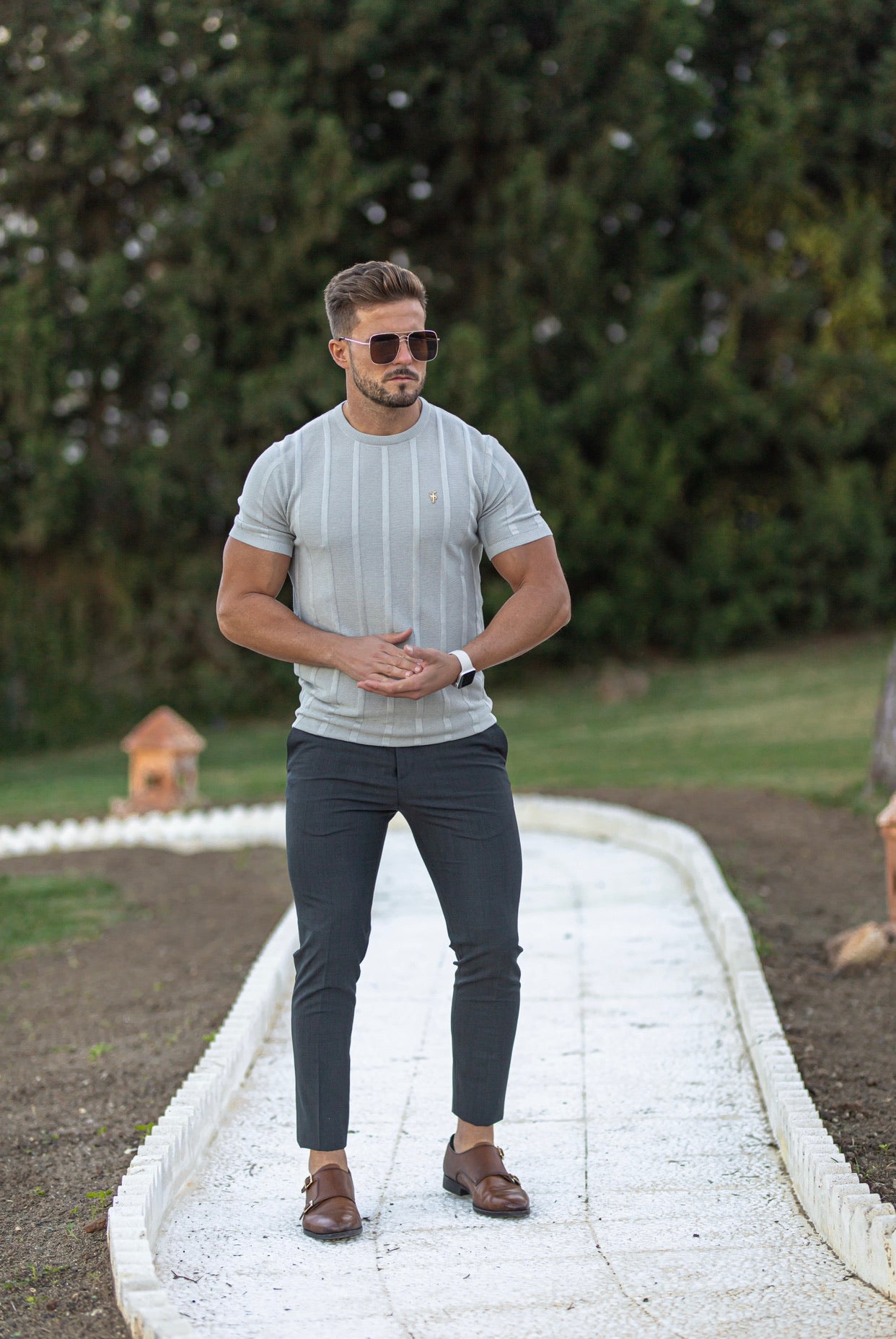 Classic Short Sleeve Light Grey Knitted Wide Rib Crew with Gold Emblem - FSH560