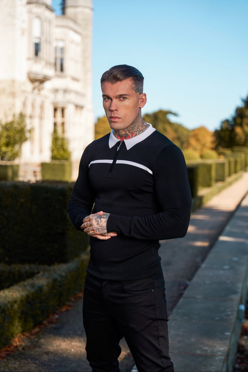 Father Sons Classic Black / White Horizontal Stripe Zipped Polo Long Sleeve - FSN047