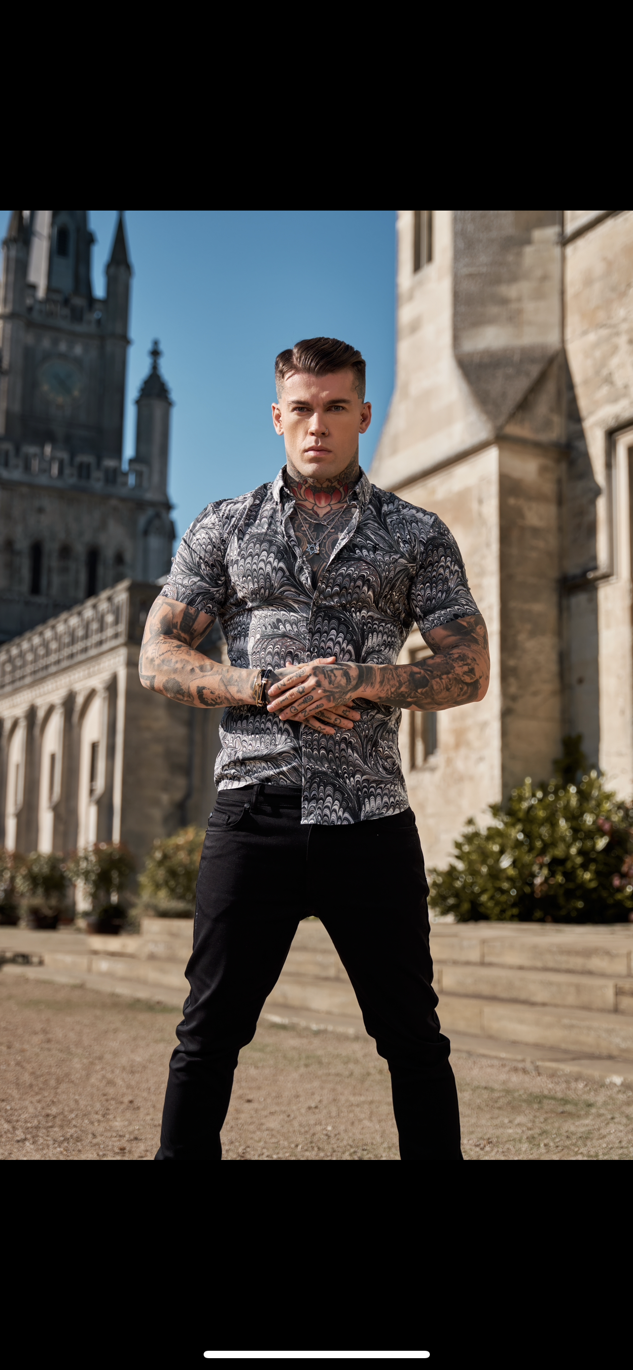 Super Slim Stretch Grey / Black Peacock Print Short Sleeve with Button Down Collar - FS913