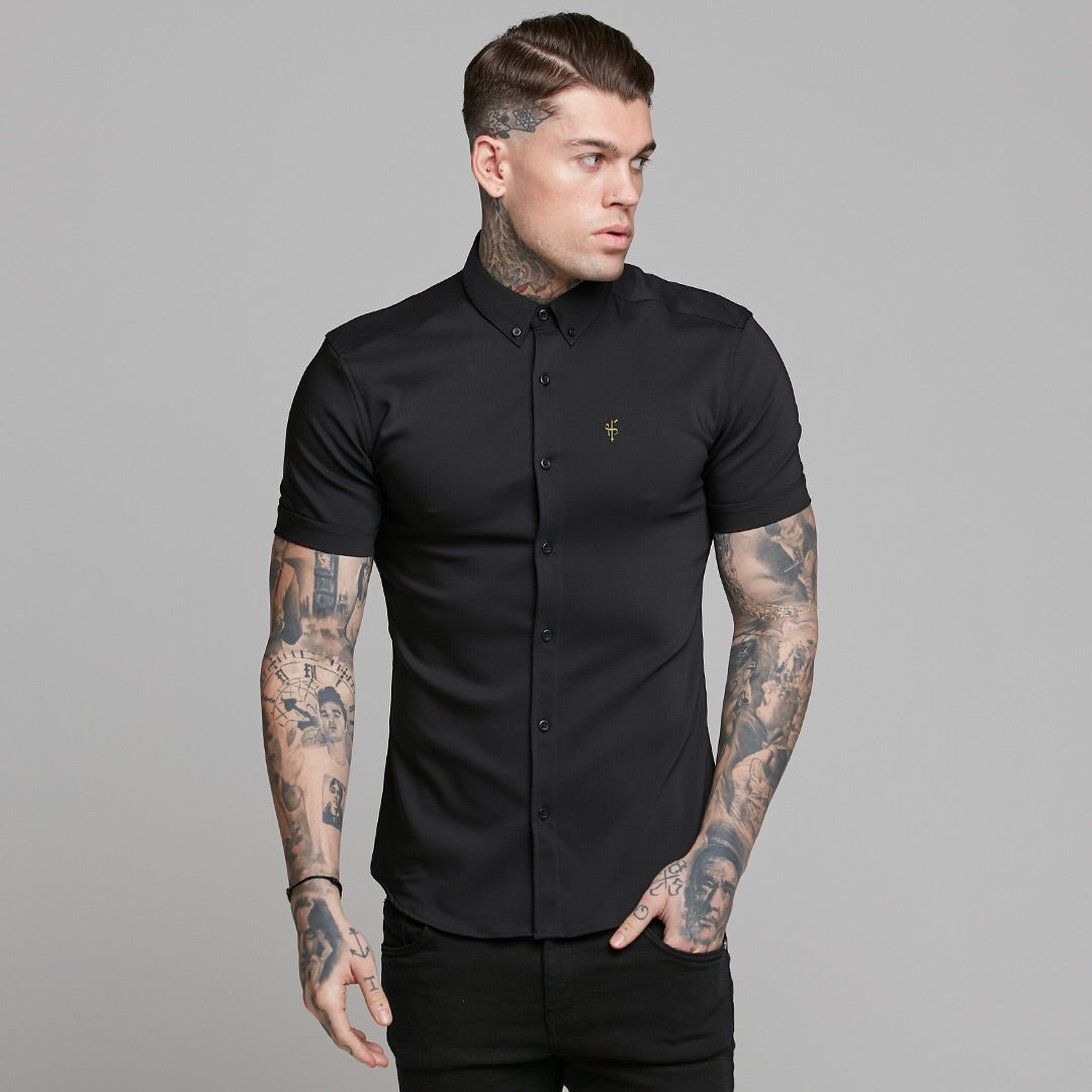 Super Slim Ultra Stretch Classic Black Short Sleeve (Khaki Embroidery) -  FS481