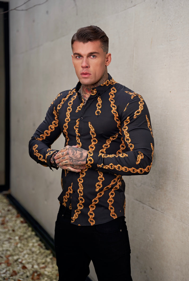 Father Sons Super Slim Stretch Black / Gold Chain Print Long Sleeve with Button Down Collar - FS856