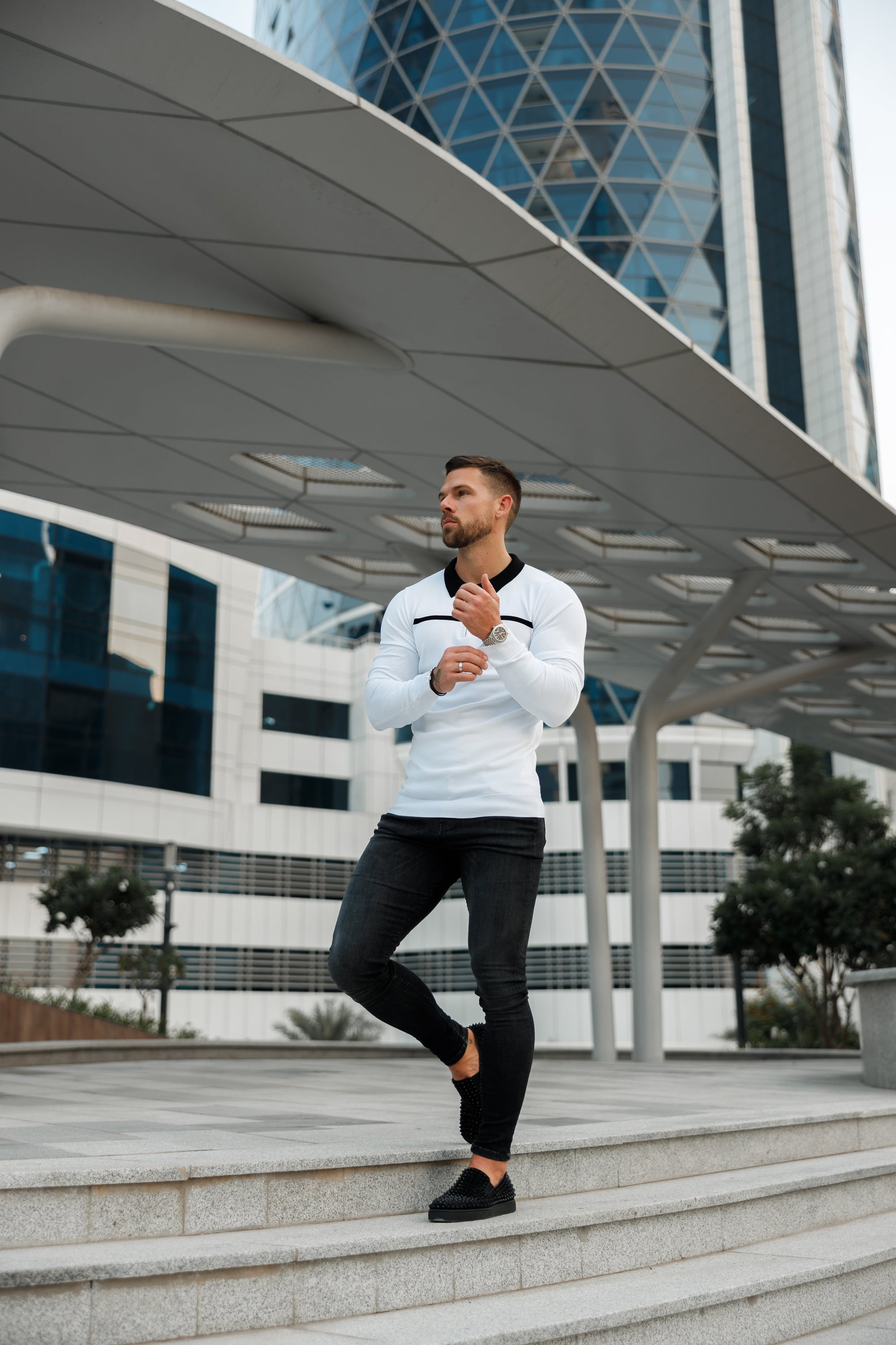 Classic White / Black Horizontal Stripe Zipped Polo Long Sleeve - FSN050