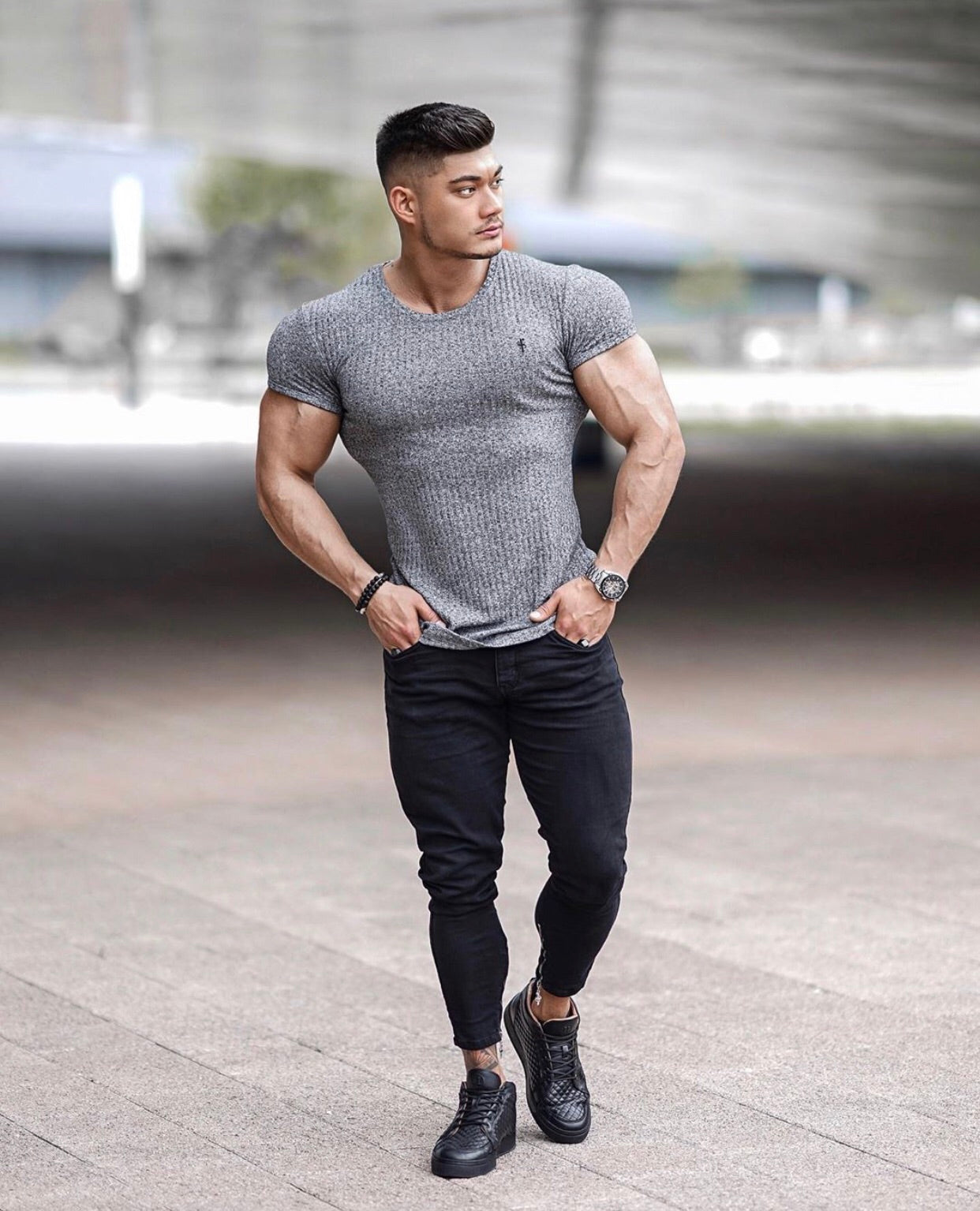 Classic Grey Ribbed Knit Super Slim Long Line Crew- FSH173