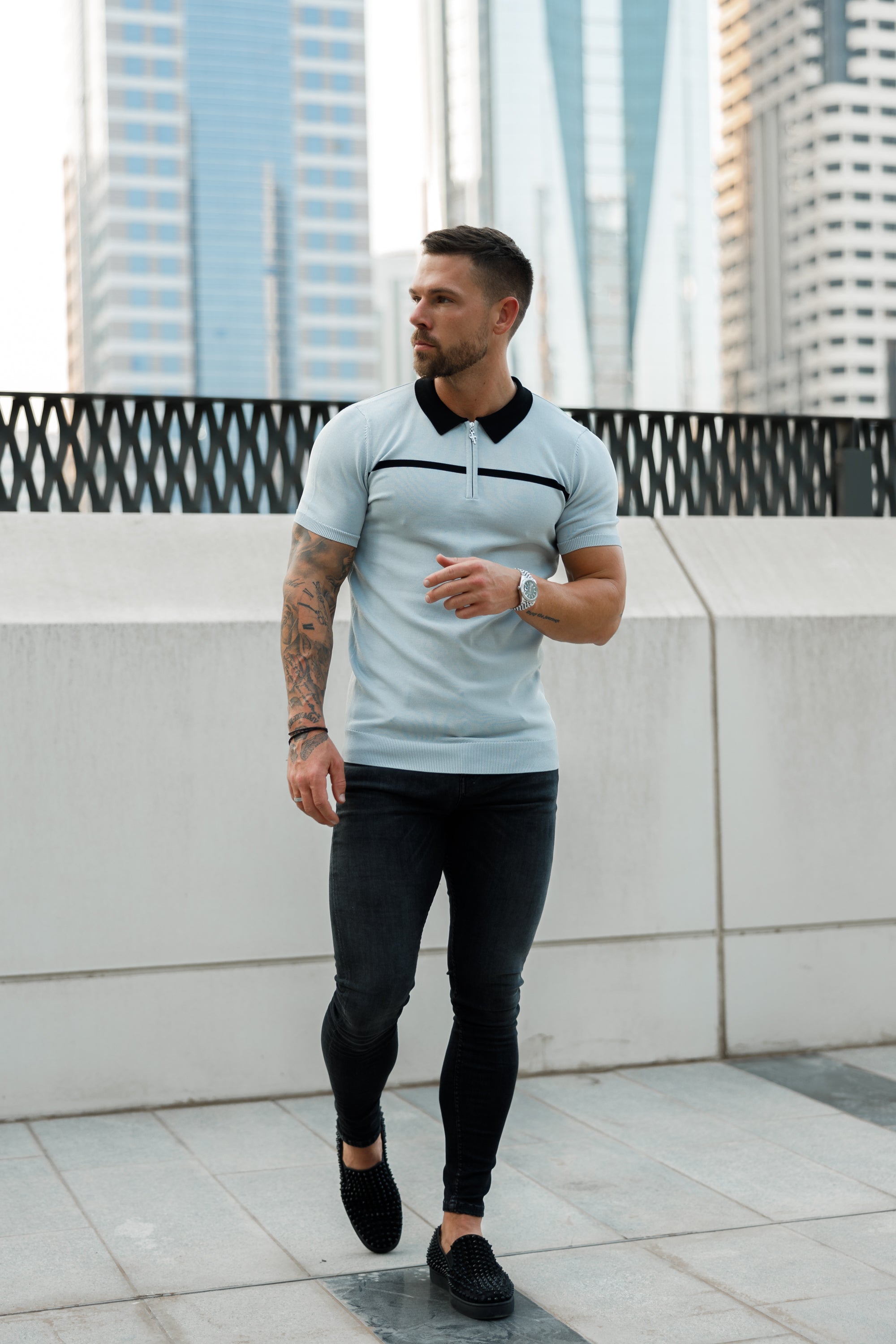 Classic Silver Grey / Black Horizontal Stripe Zipped Polo Short Sleeve - FSN040
