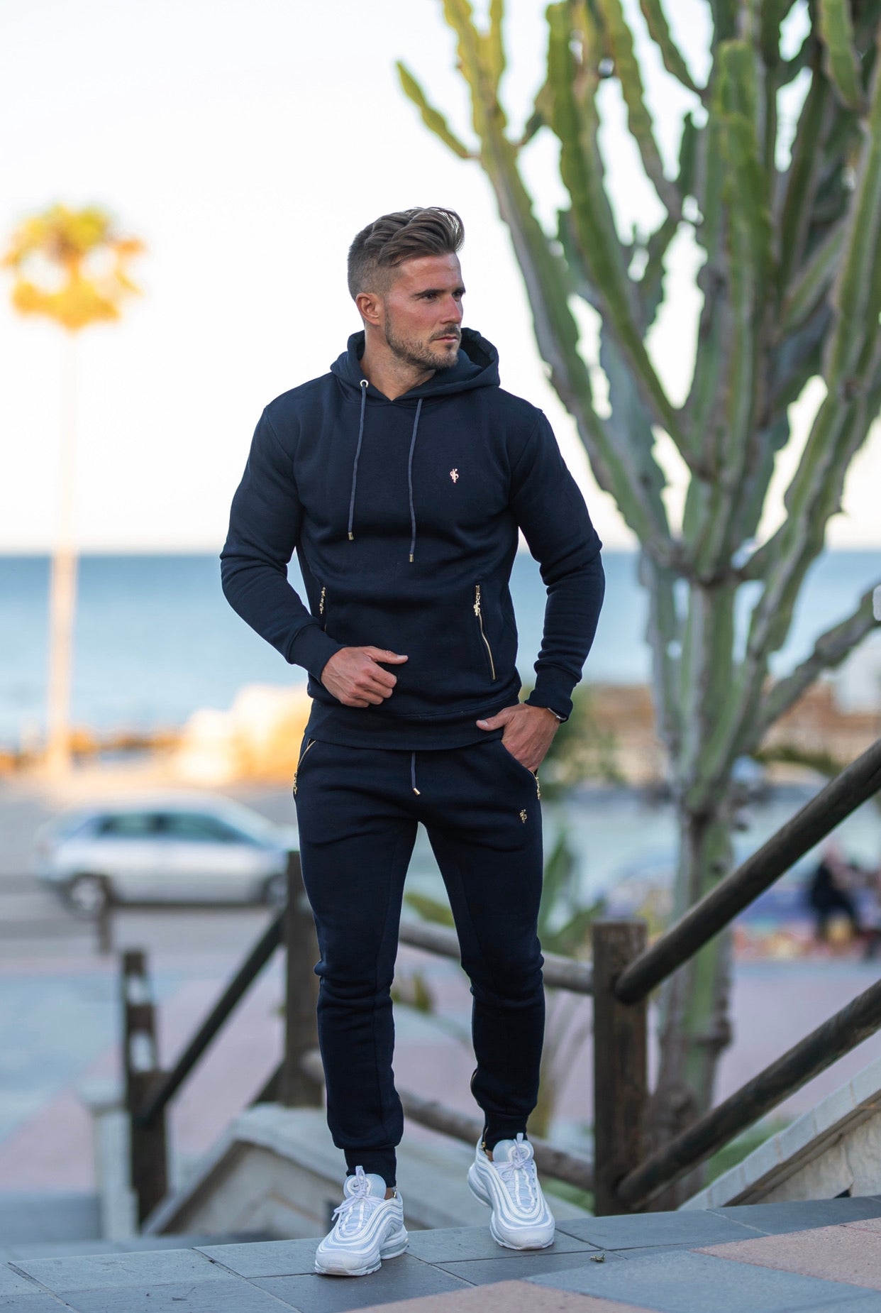 Navy & Gold Overhead Hoodie Top with Zipped Pockets - FSH475