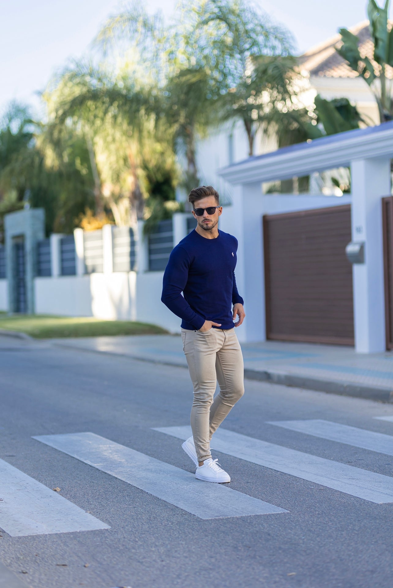 Father Sons Classic Navy Crew Neck Knitted Sweater with Yellow Embroidery - FSN089