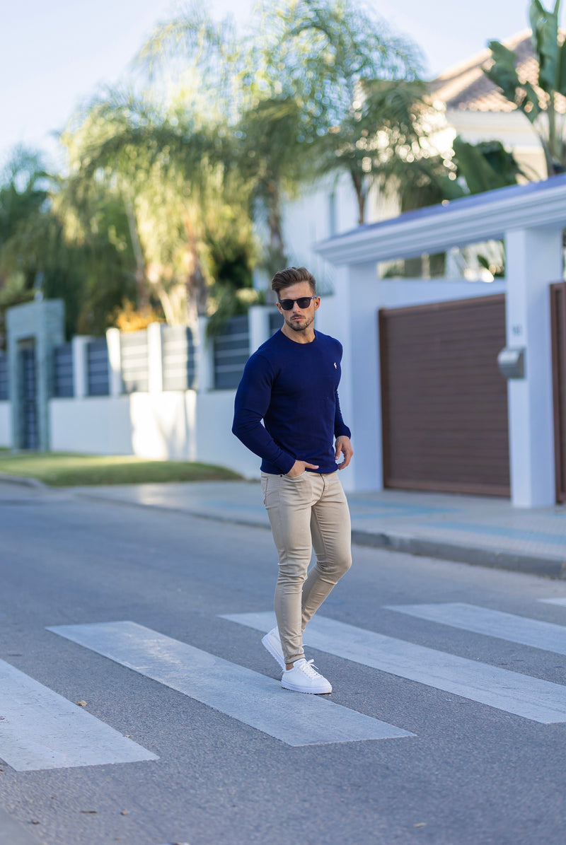 Father Sons Classic Navy Crew Neck Knitted Sweater with Yellow Embroidery - FSN089