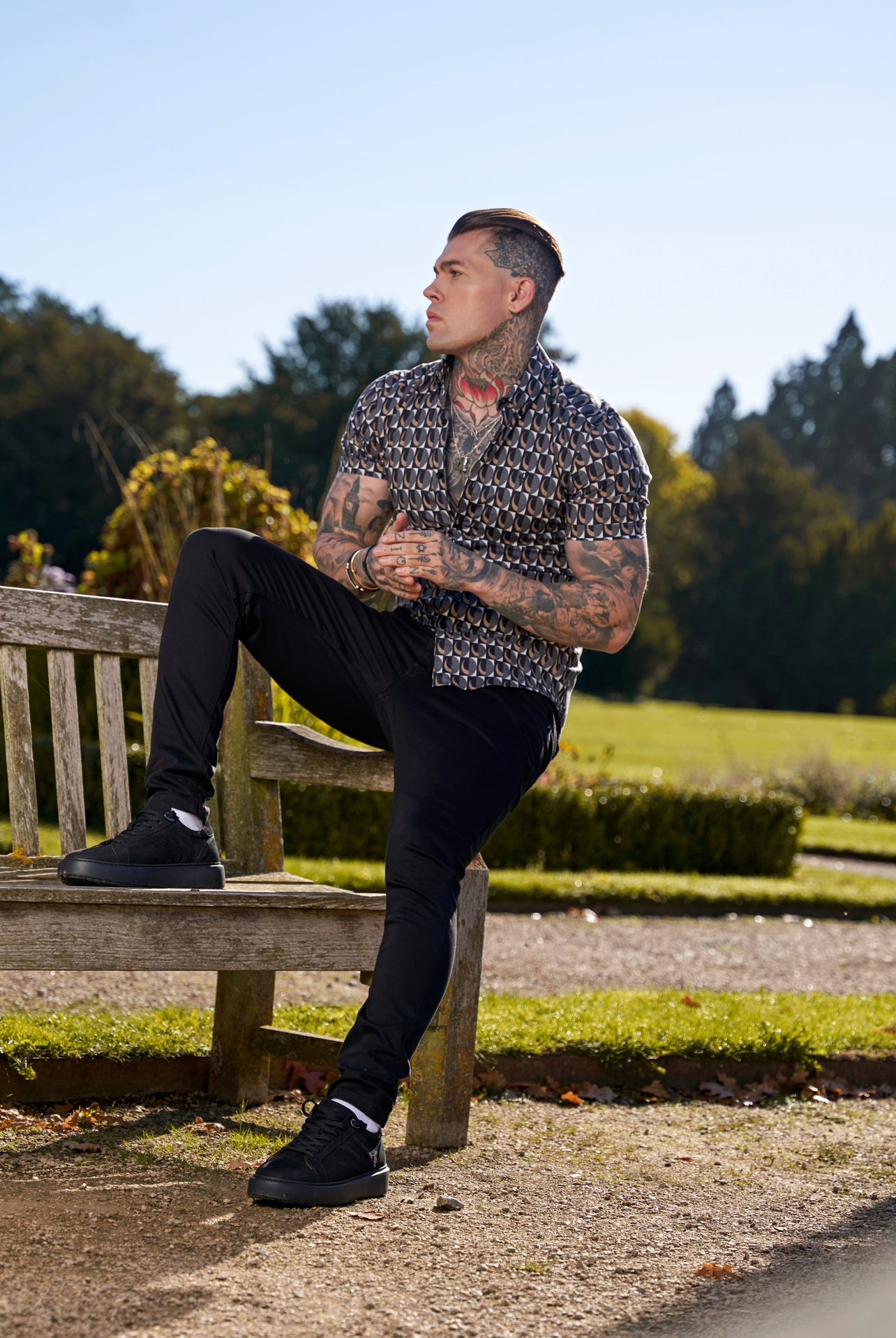 Super Slim Stretch Black Multi Retro Print Short Sleeve with Button Down Collar - FS911