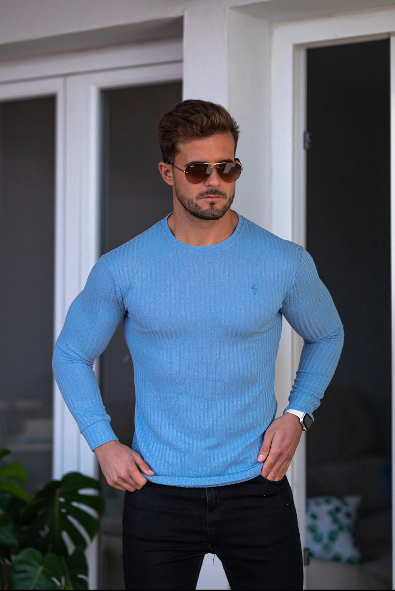 Father Sons Classic Baby Blue Ribbed Knit Sweater - FSH594