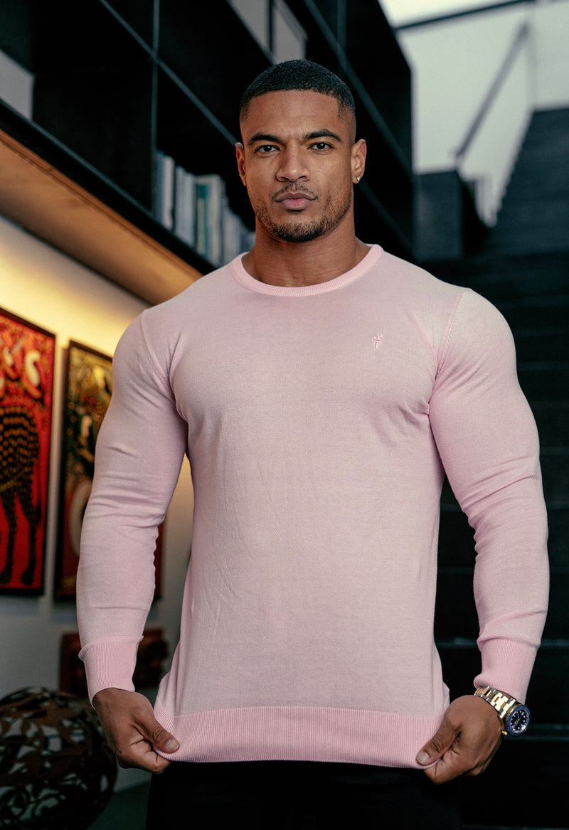 Father Sons Classic Pink Crew Neck Knitted Sweater with Tonal Emblem - FSH673