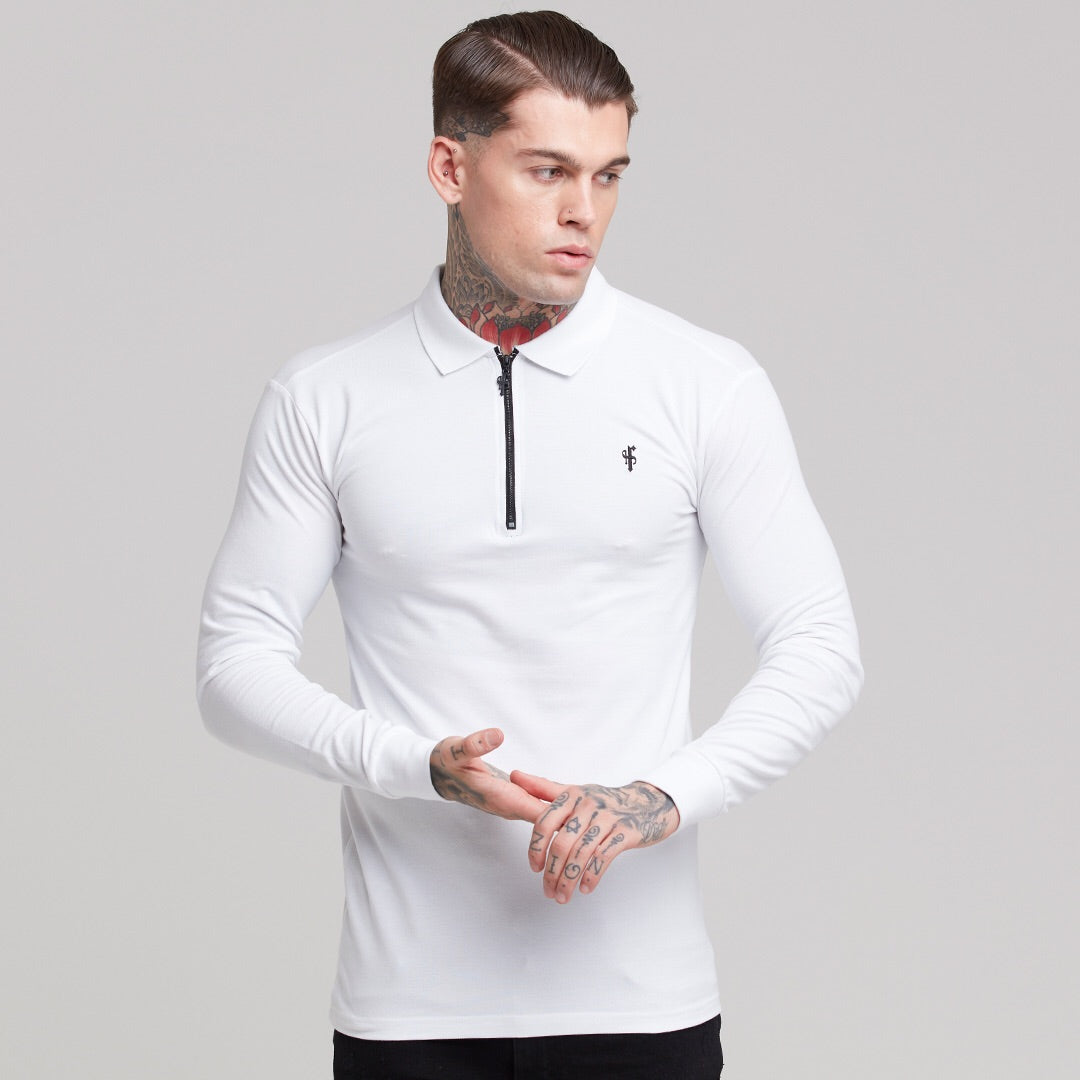 Classic White Zipped Long Sleeve Polo Shirt - FSH300