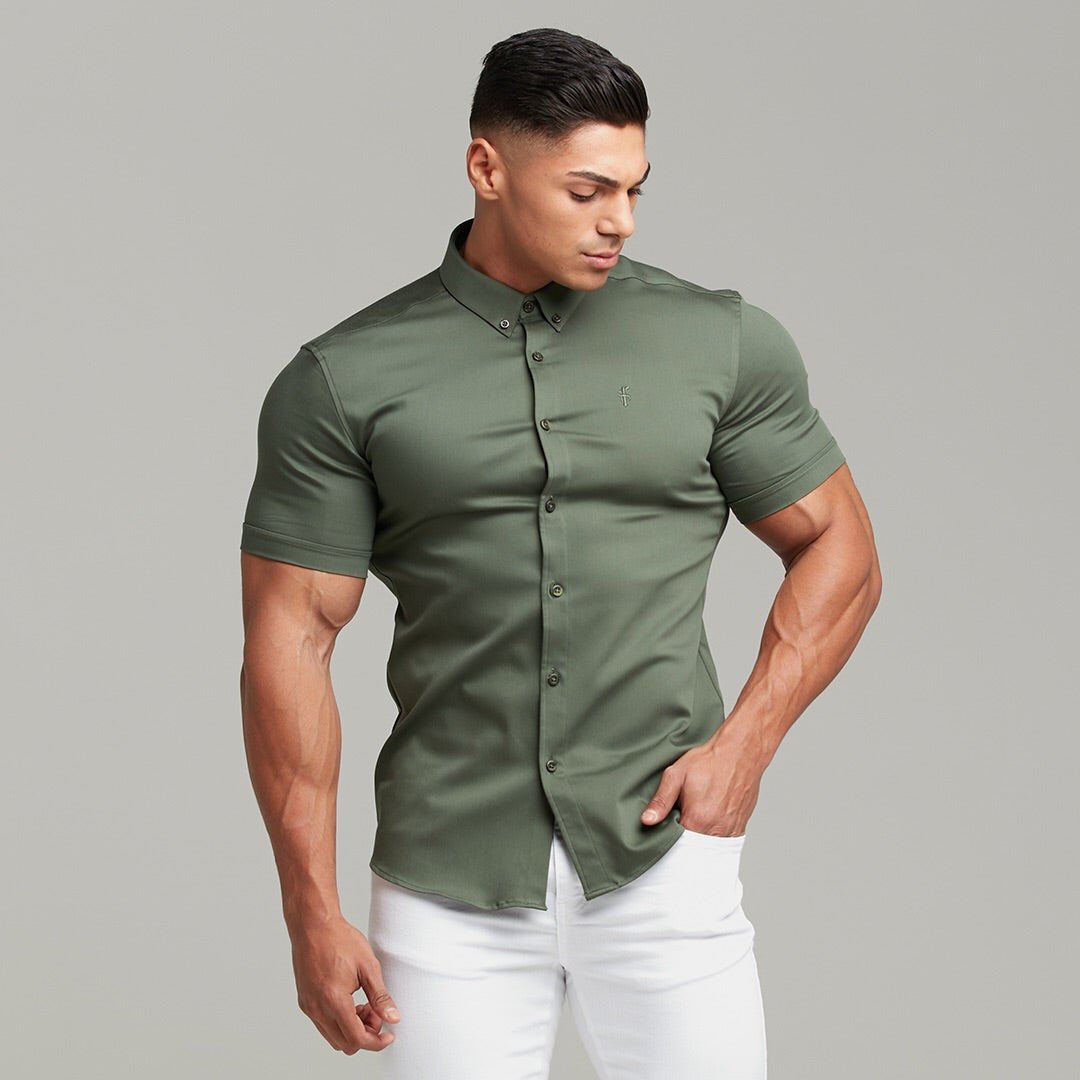 Super Slim Stretch Khaki Denim Short Sleeve - FS203