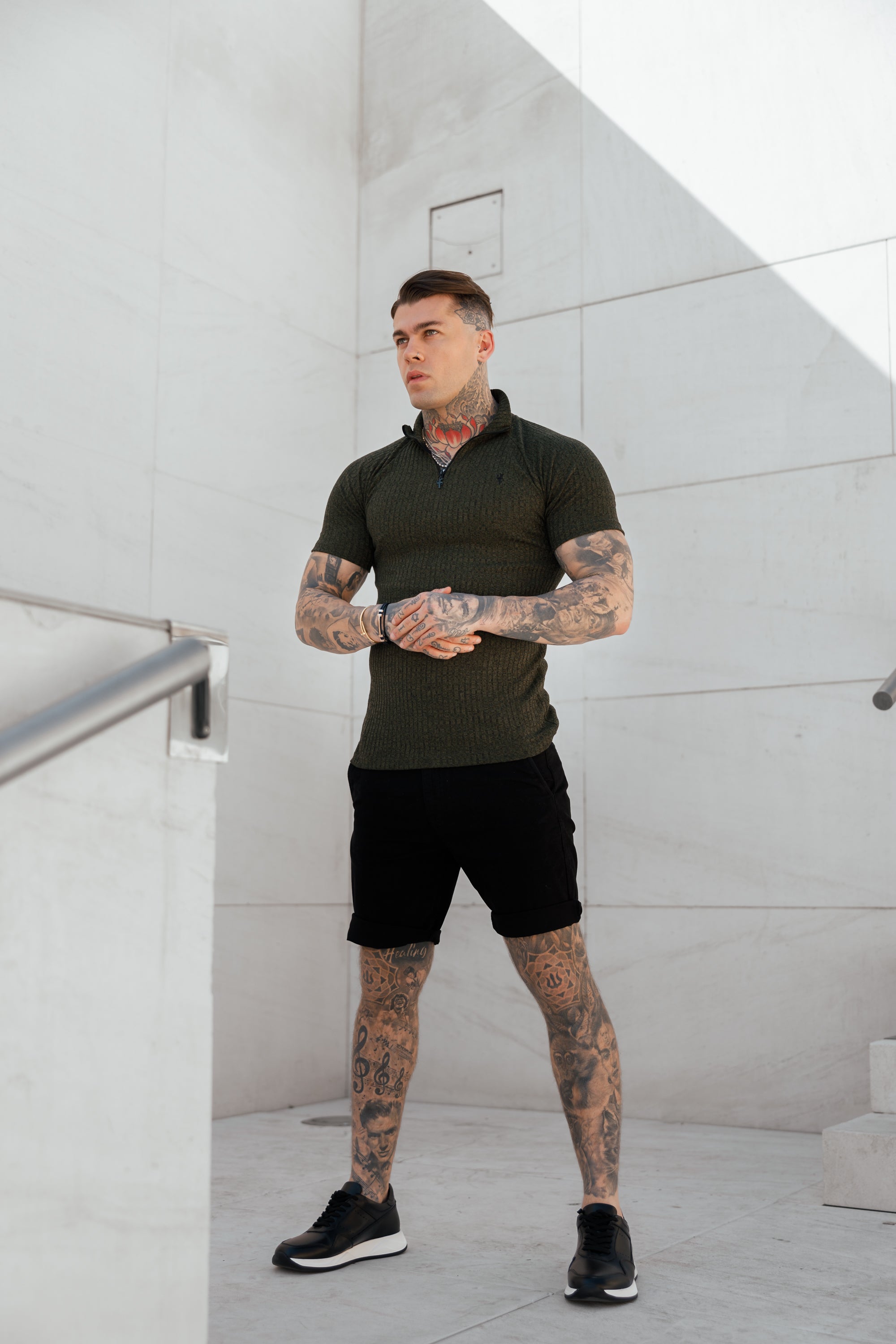 Classic Khaki Ribbed Zip Funnel Neck Raglan Short Sleeve Crew - FSH731