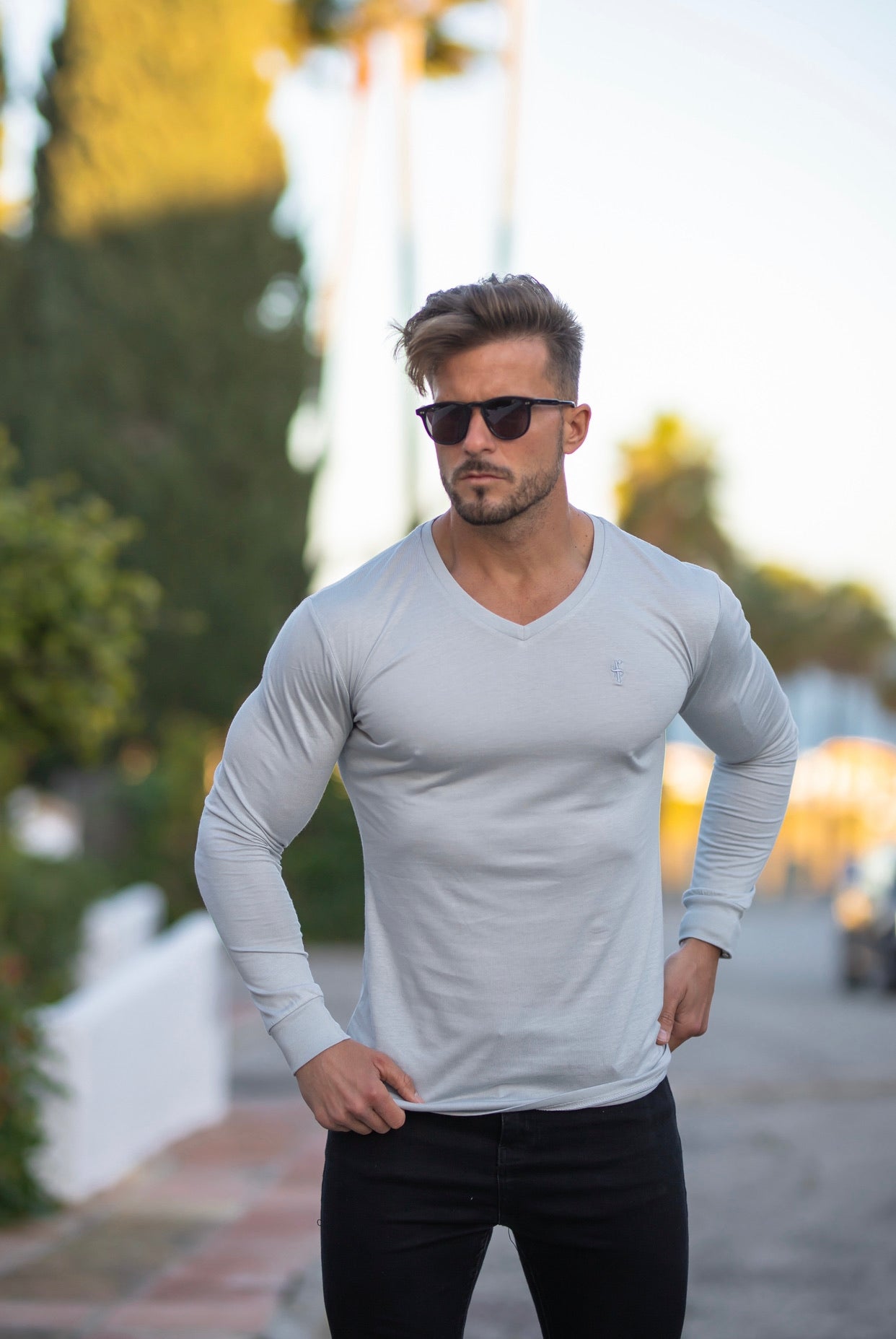 Light Grey Bamboo V Neck Crew Long Sleeve - FSH588
