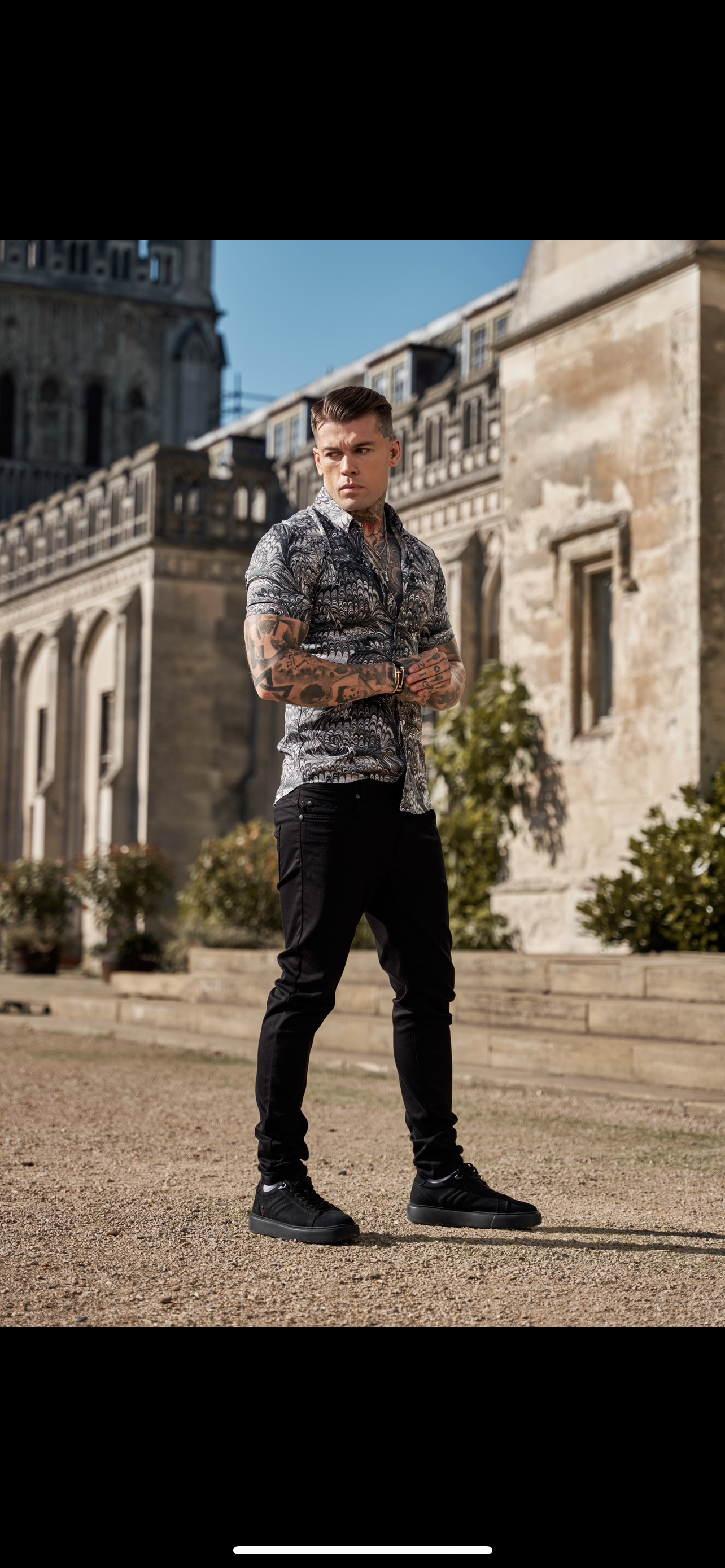 Super Slim Stretch Grey / Black Peacock Print Short Sleeve with Button Down Collar - FS913