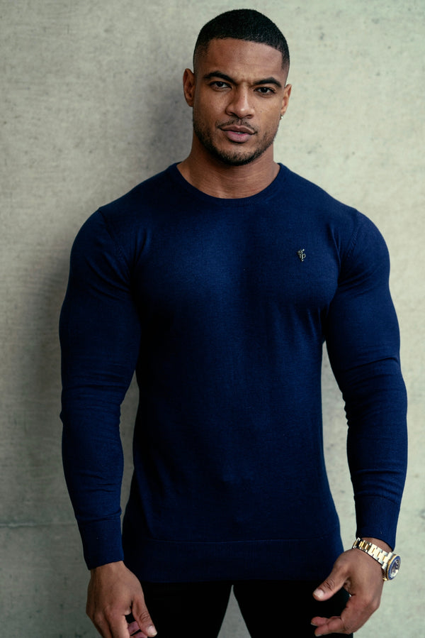 Father Sons Classic Navy Crew Neck Knitted Sweater with Metal Decal - FSN088