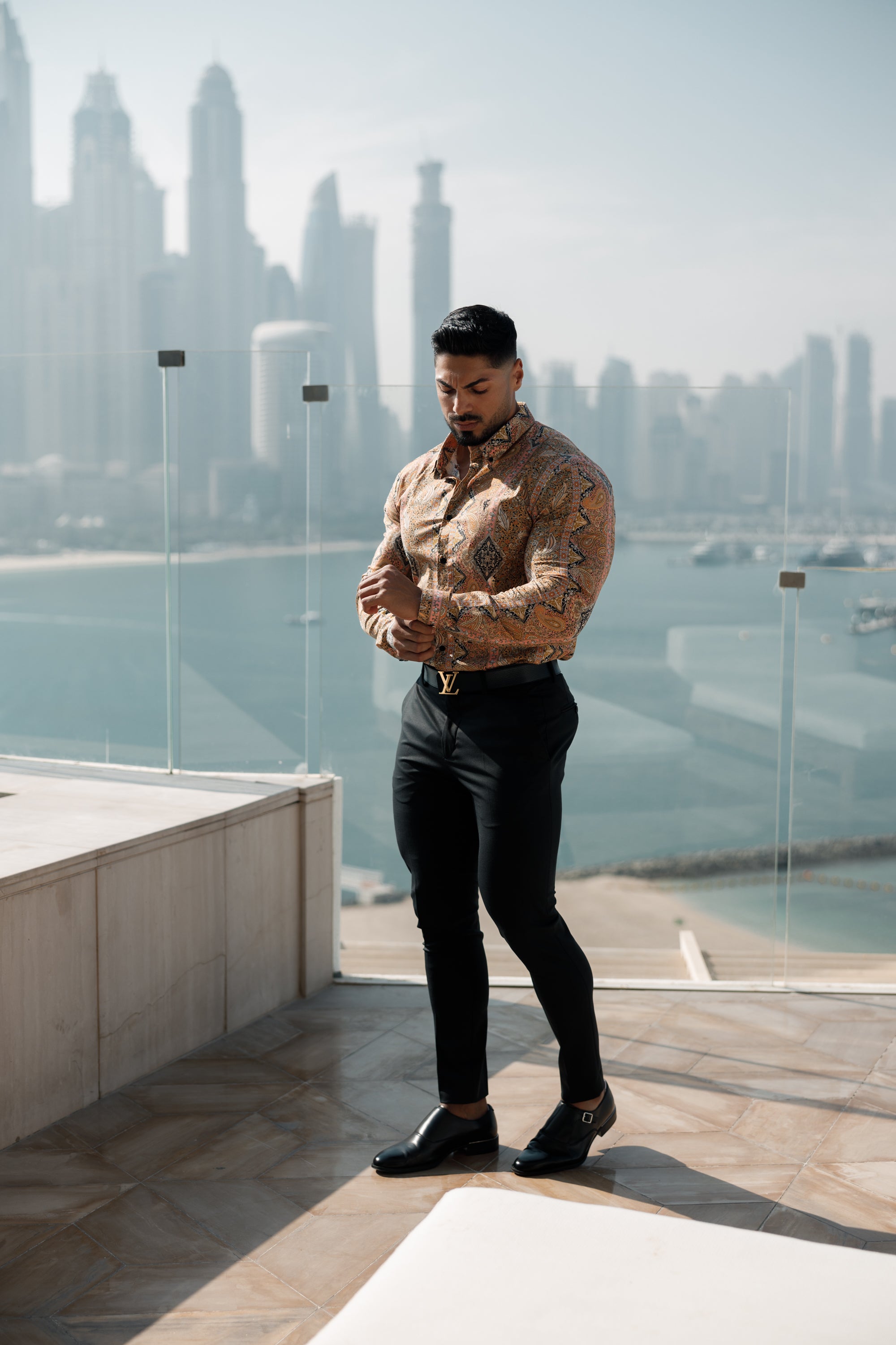 Super Slim Stretch Tan Paisley Print Long Sleeve with Button Down Collar - FS892