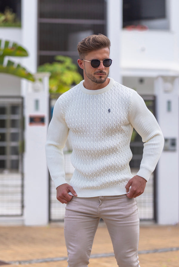 Father Sons Cream Knitted Braided Super Slim Sweater With Metal Decal - FSJ028