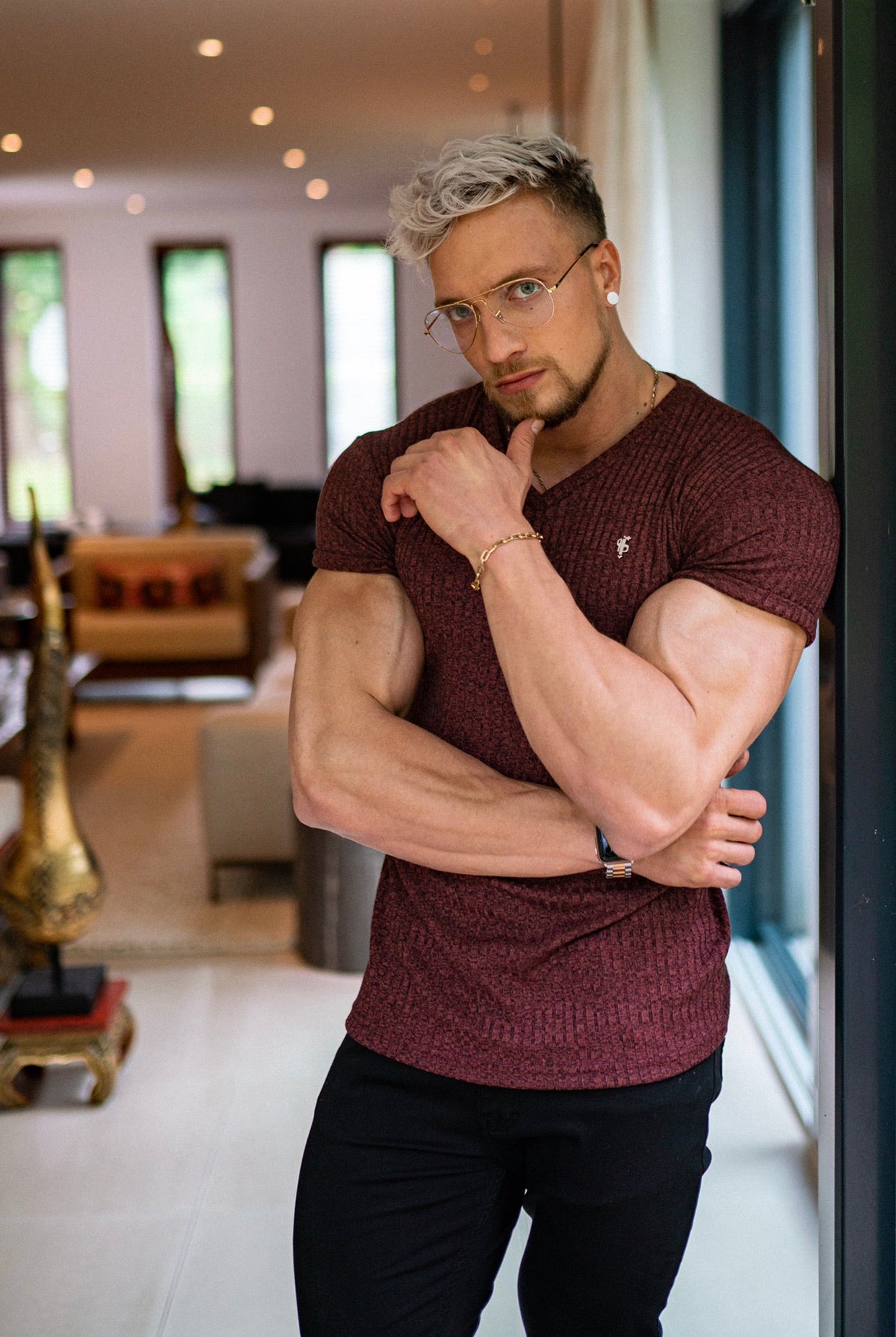 Classic Burgundy / Silver V Neck Ribbed Crew - FSH490