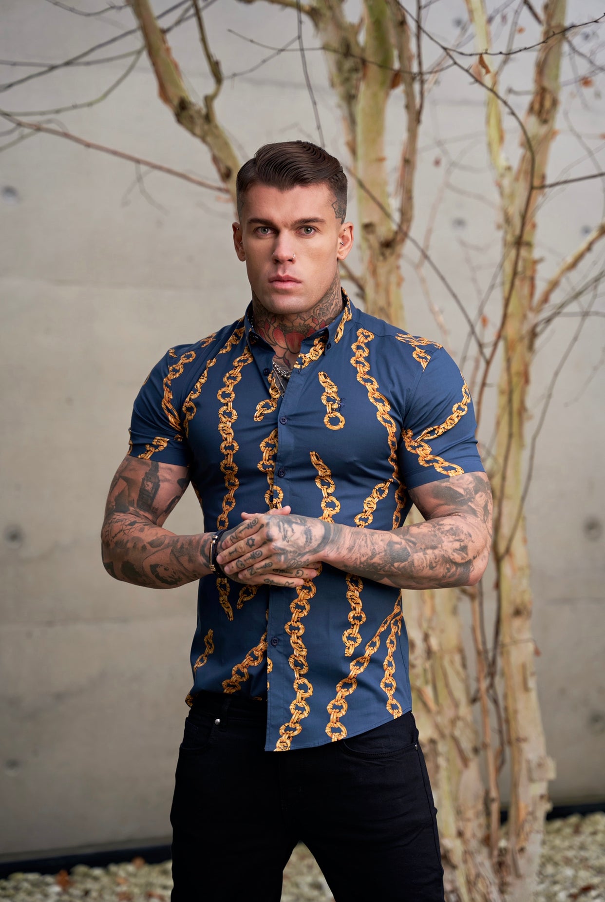 Super Slim Stretch Airforce Blue / Gold Chain Print Short Sleeve with Button Down Collar - FS860