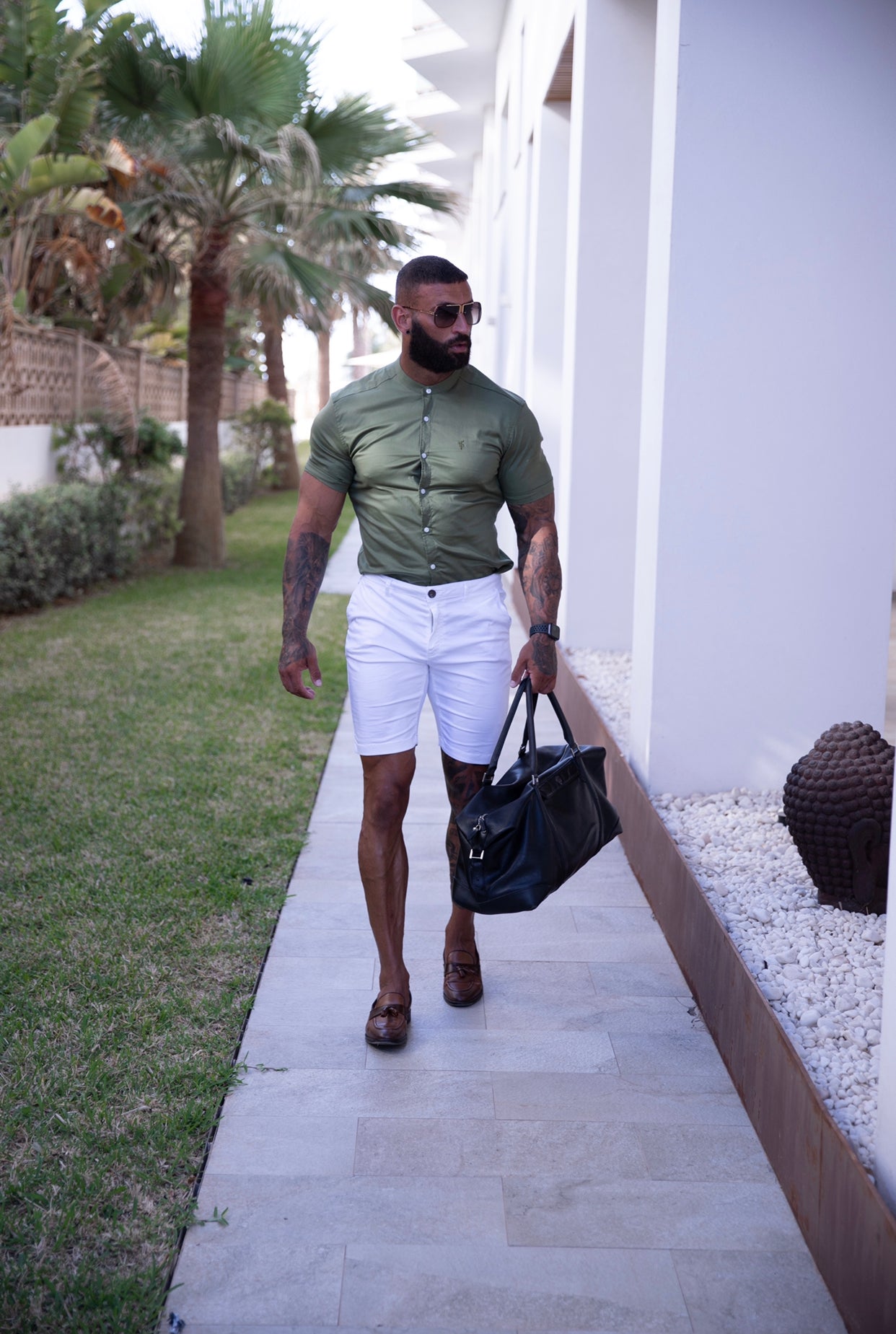 Super Slim Luxe Ultra Stretch Khaki Short Sleeve with Grandad Collar -  FS781