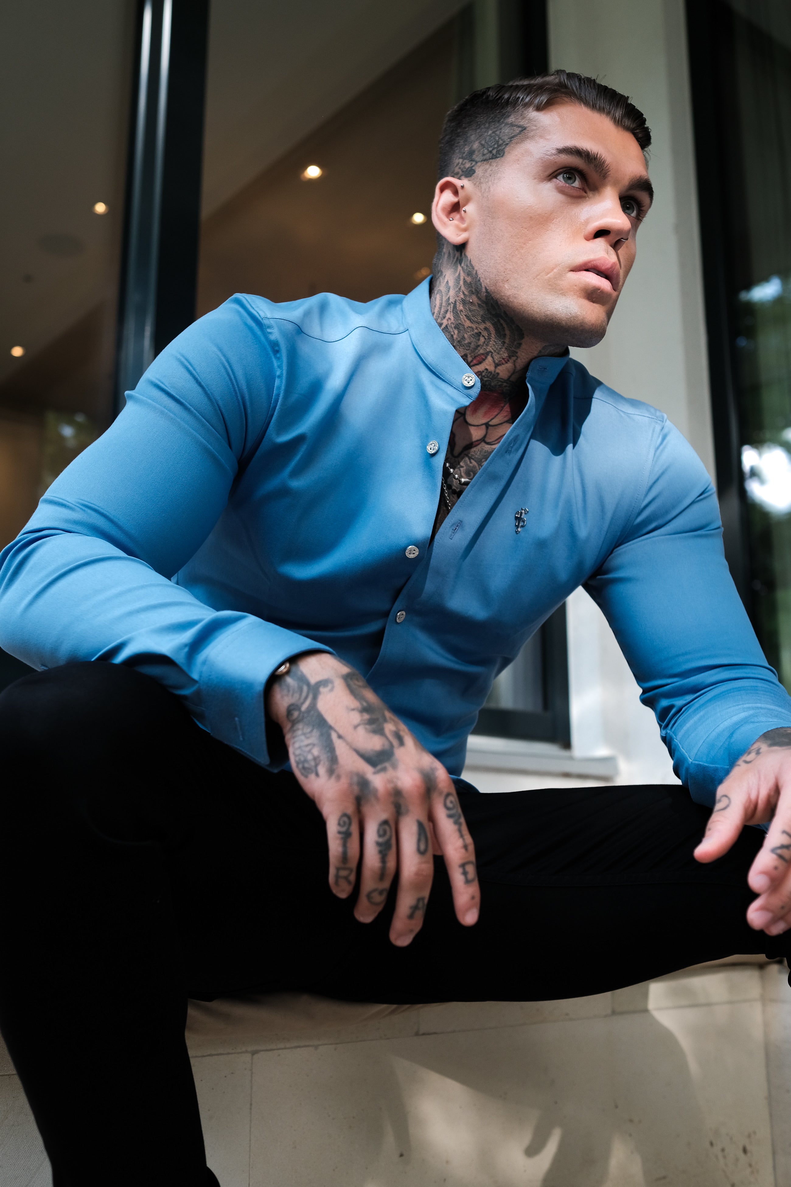 Super Slim Stretch Light Blue Denim Long Sleeve Grandad collar with Metal Buttons and Decal Emblem - FS717