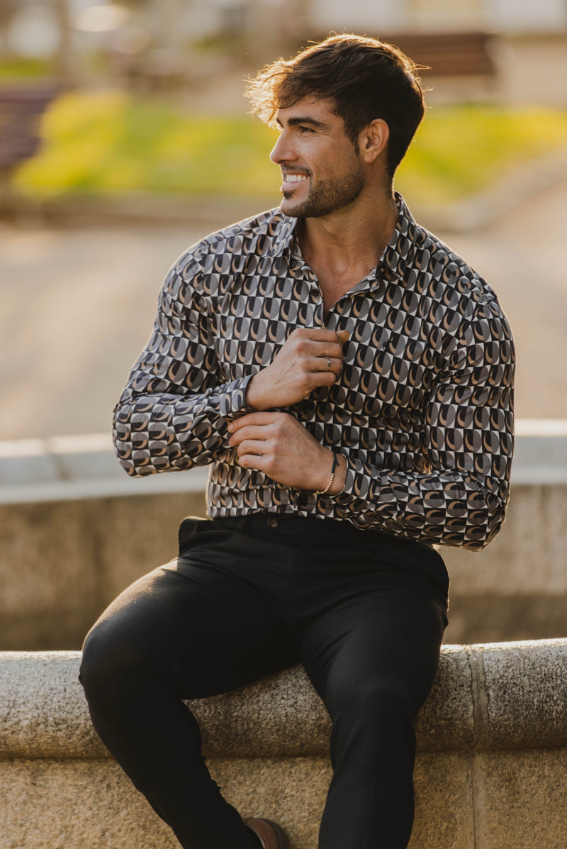 Father Sons Super Slim Stretch Black Multi Retro Print Long Sleeve with Button Down Collar - FS910