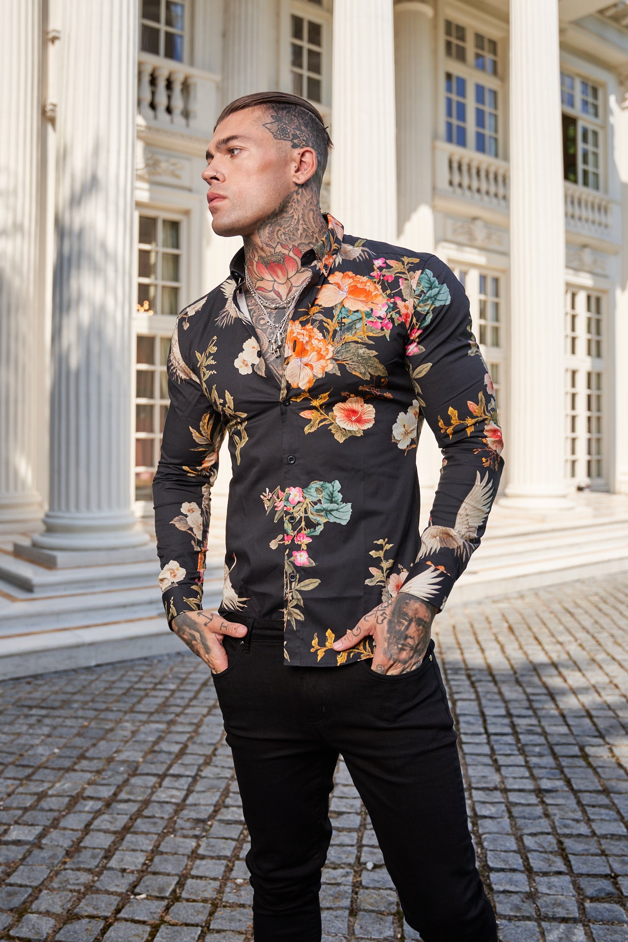 Super Slim Stretch Black Crane Print Long Sleeve with Button Down Collar - FS772