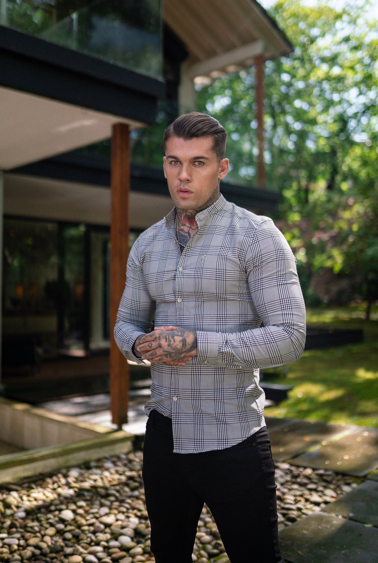 Super Slim Stretch Prince Of Wales White and Black Check Long Sleeve Grandad Collar with Metal Buttons and Emblem- FS733