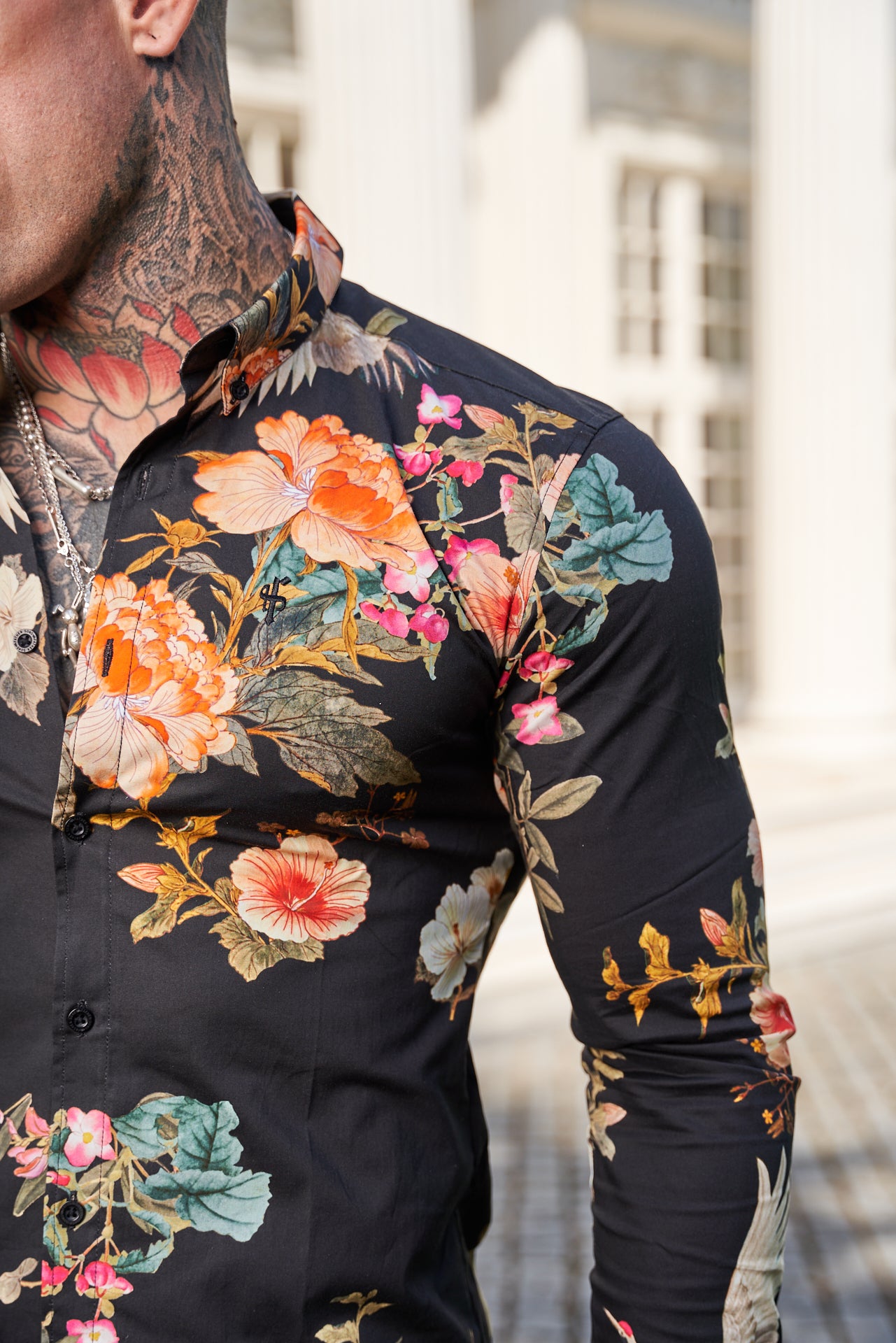 Super Slim Stretch Black Crane Print Long Sleeve with Button Down Collar - FS772