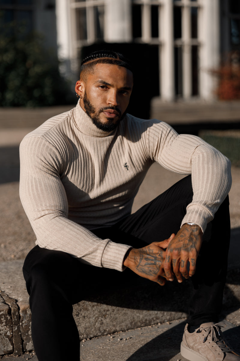 Father Sons Classic Beige / Black Ribbed Knit Roll Neck Sweater - FSH779