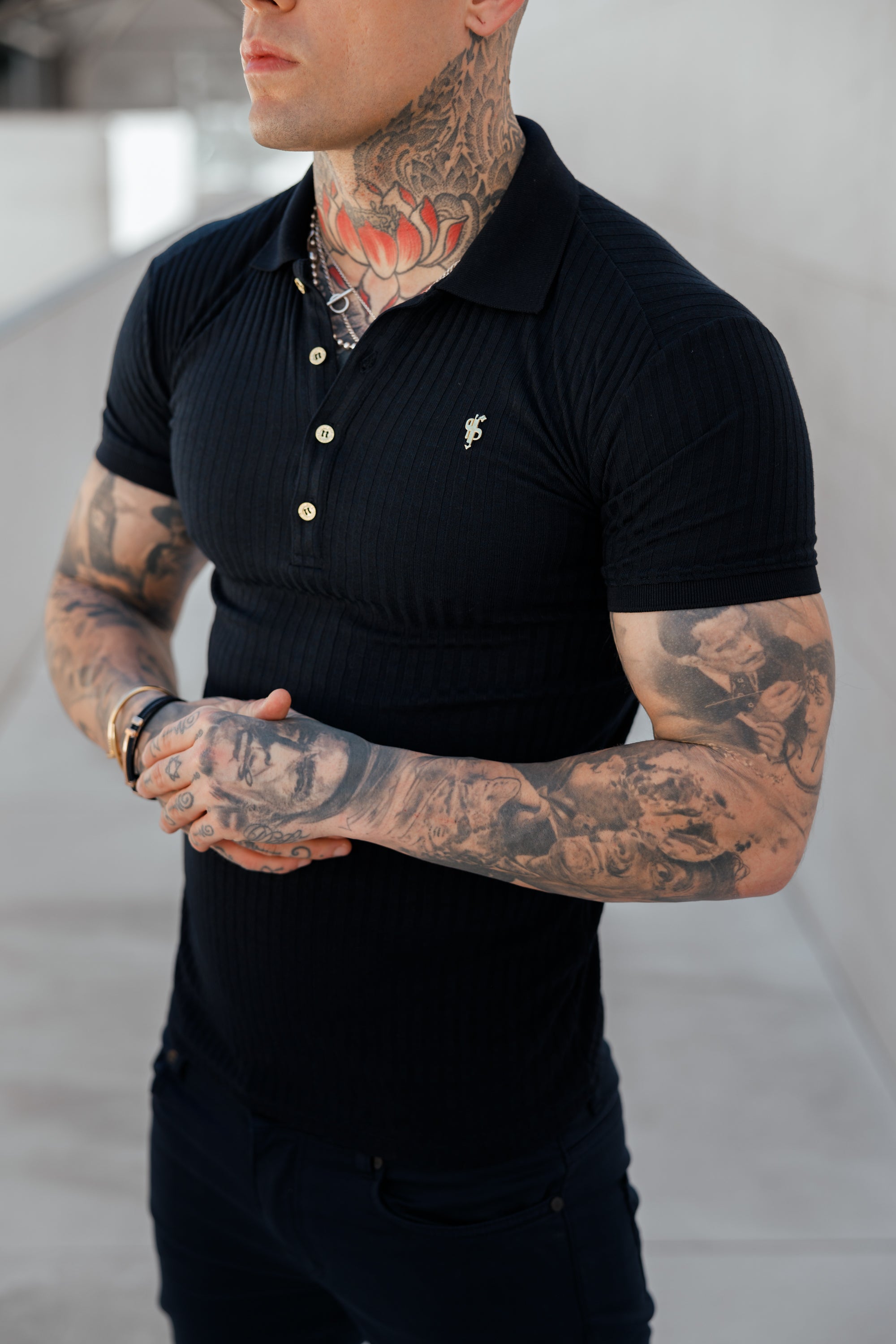 Classic Navy Ribbed Polo Shirt with Gold Metal Emblem Decal & Buttons- FSH694