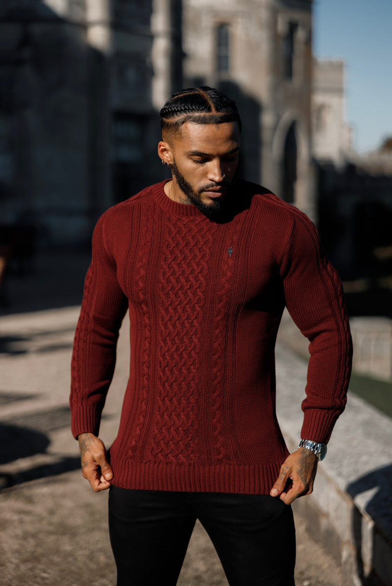 Father Sons Burgundy Knitted Cable Saddle Crew Super Slim Sweater With Metal Decal - FSN079